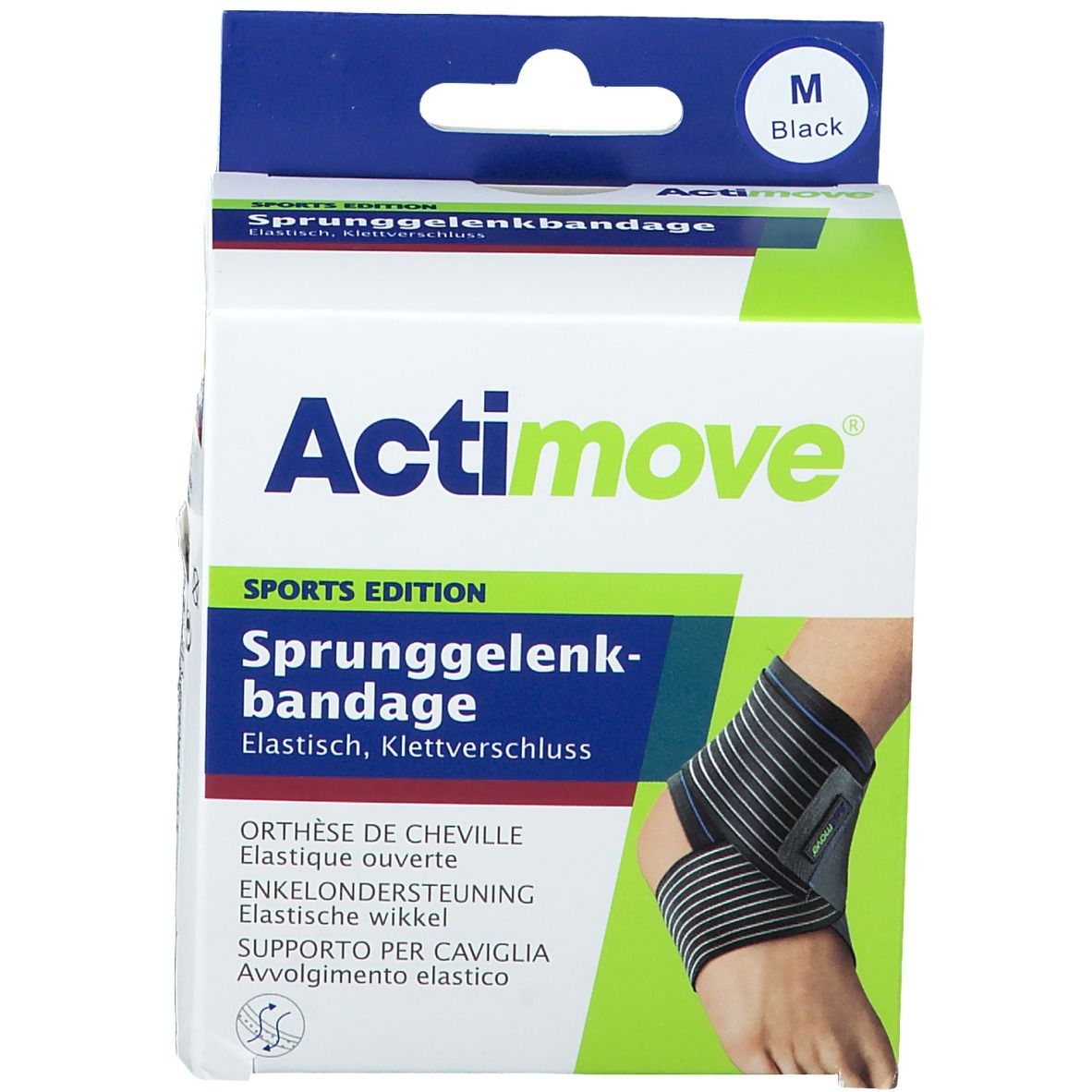 Emballage de l'attelle de cheville Actimove. Noir, taille M. Texte : Sprunggelenkbandage.