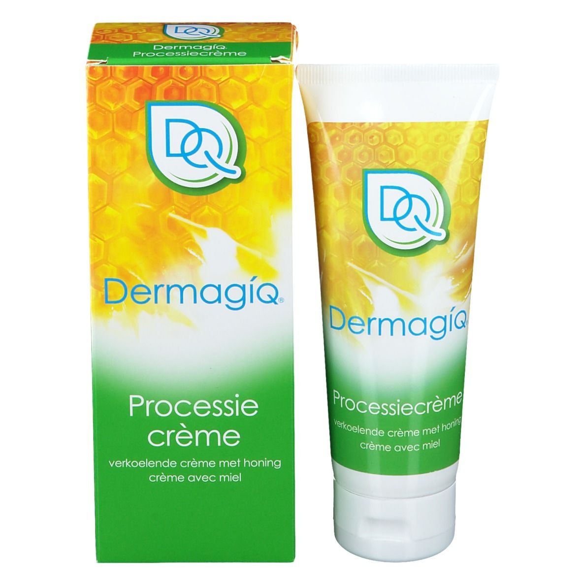 Tube de crème et boîte. Design jaune et vert. Inscription: Dermagiq, Prozessionscreme. Contient du miel.