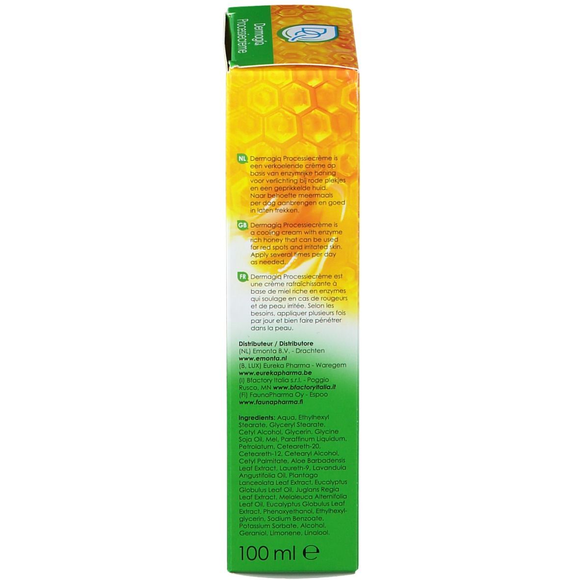 Boîte, design jaune et vert. Inscription: Dermagiq, Prozessionscreme. Ingrédients et instructions multilingues.
