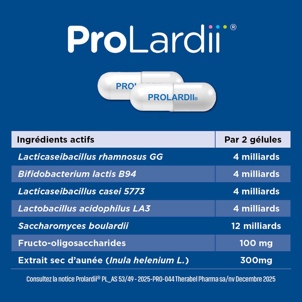 Publicité ProLardii®. Ingrédients : Lacti., Bifido., Sacch., Fructo-oligo., extrait sec.