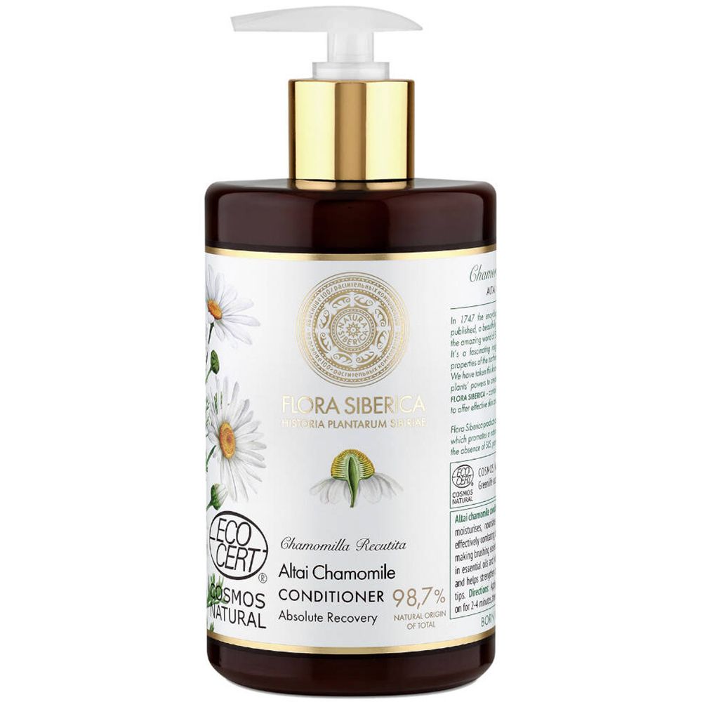 Flacon marron avec pompe. Étiquette avec logo, fleurs de camomille et texte : Flora Siberica, Altai Chamomile Conditioner.