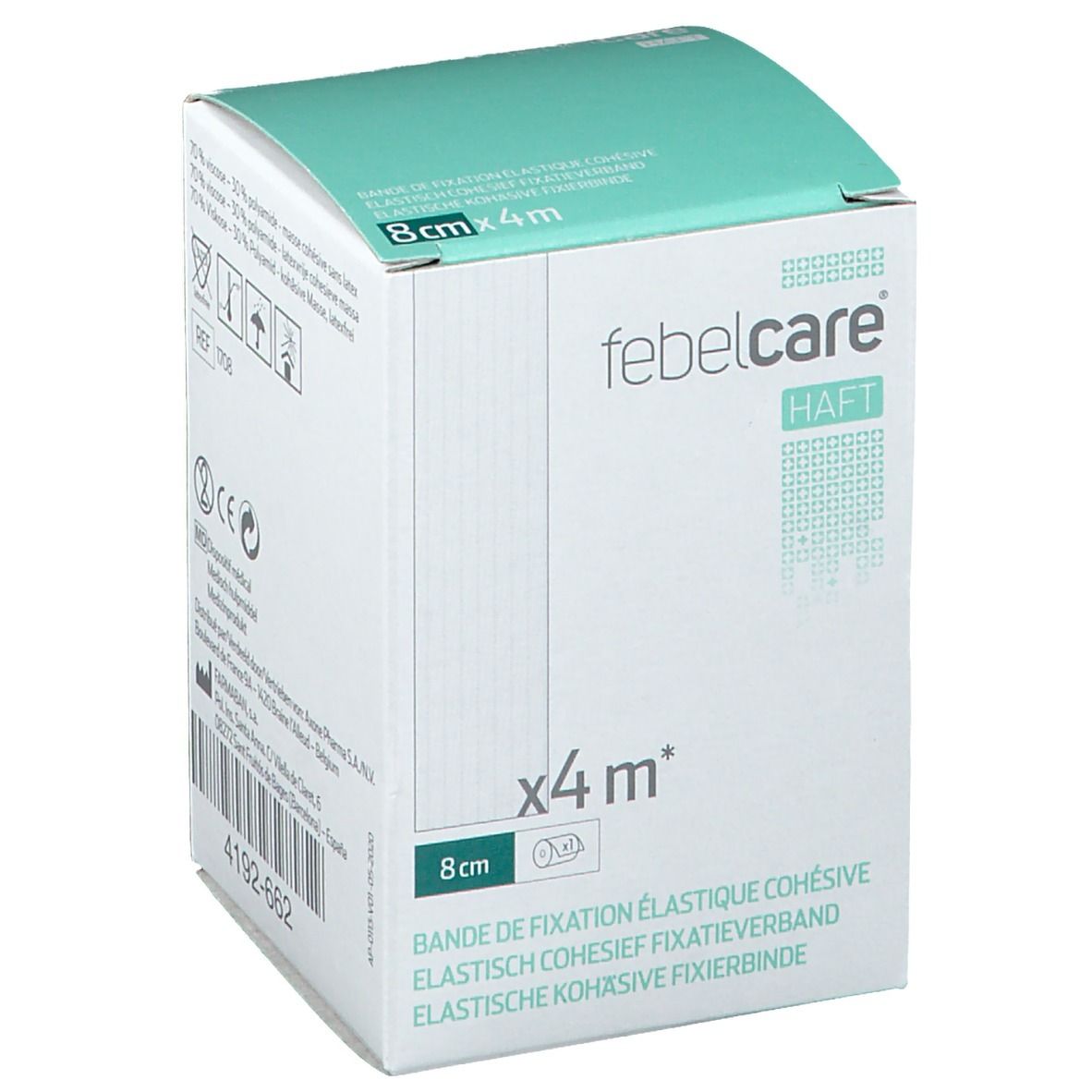 Emballage de bandage de fixation élastique. Inscription: Febelcare Haft, 8cm x 4m. Boîte blanche avec couvercle turquoise.