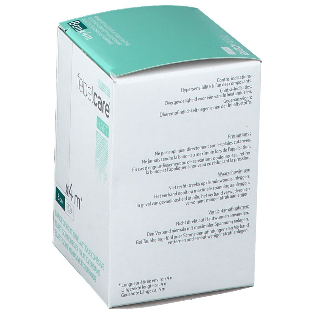 Emballage de bandage de fixation élastique. Inscription: Febelcare Haft, 8cm x 4m. Texte sur contre-indications et précautions.