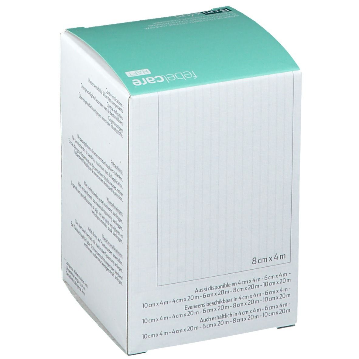 Emballage de bandage de fixation élastique. Inscription: 8cm x 4m. Liste des tailles disponibles. Boîte blanche avec couvercle turquoise.