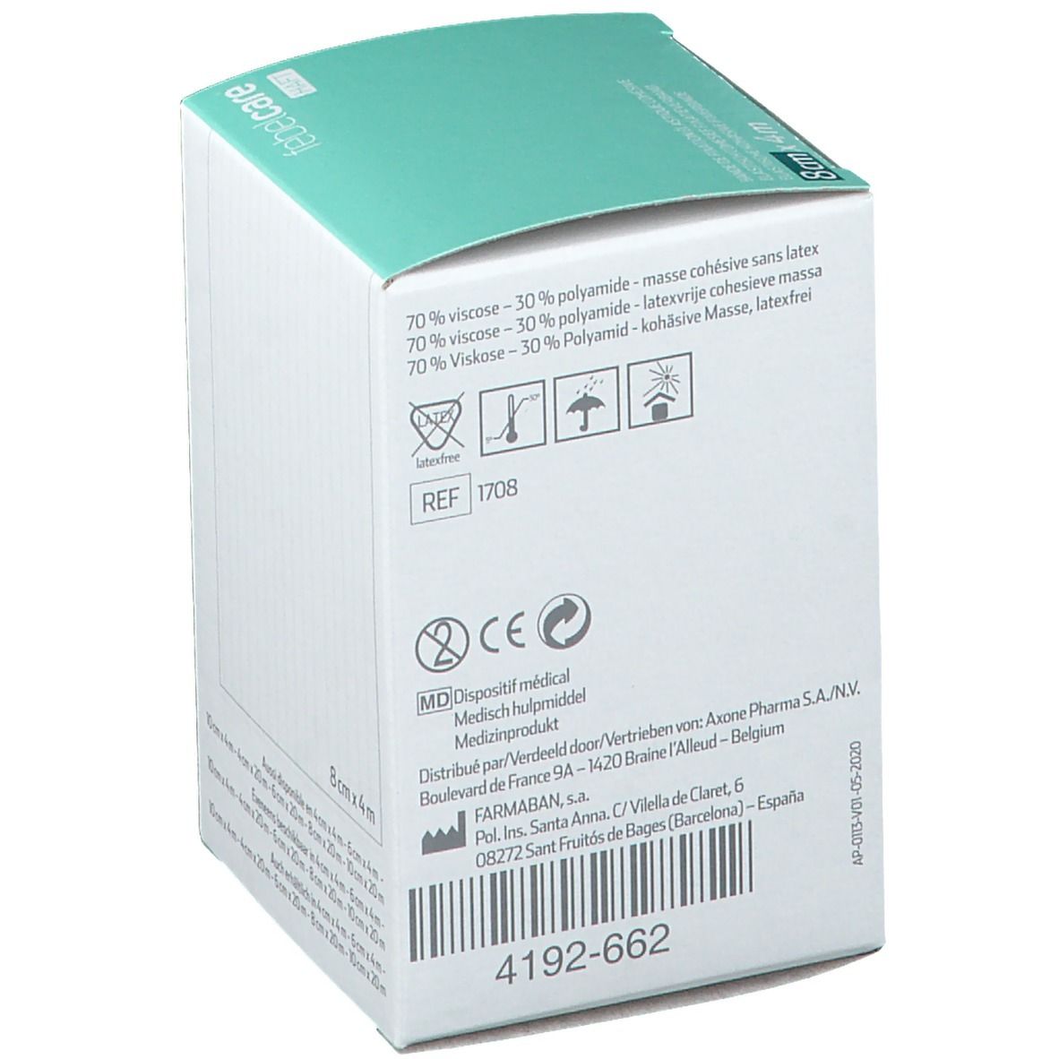 Emballage de bandage de fixation élastique. Inscription: 8cm x 4m. Ingrédients, marquage médical, marquage CE. Boîte blanche.