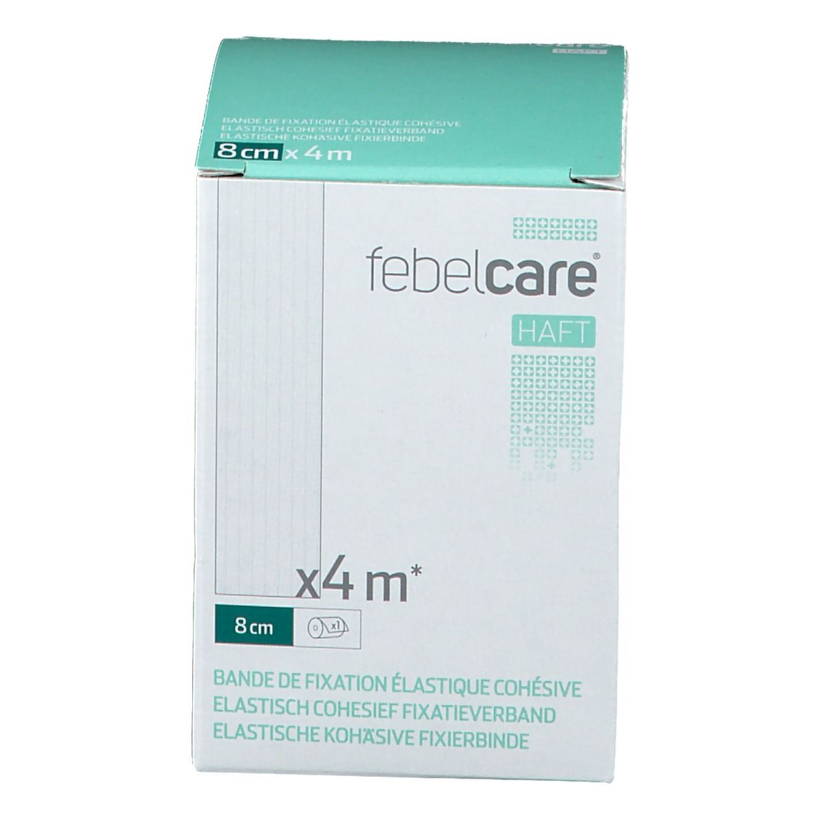 Emballage de bandage de fixation élastique. Inscription: Febelcare Haft, 8cm x 4m. Boîte blanche avec couvercle turquoise.