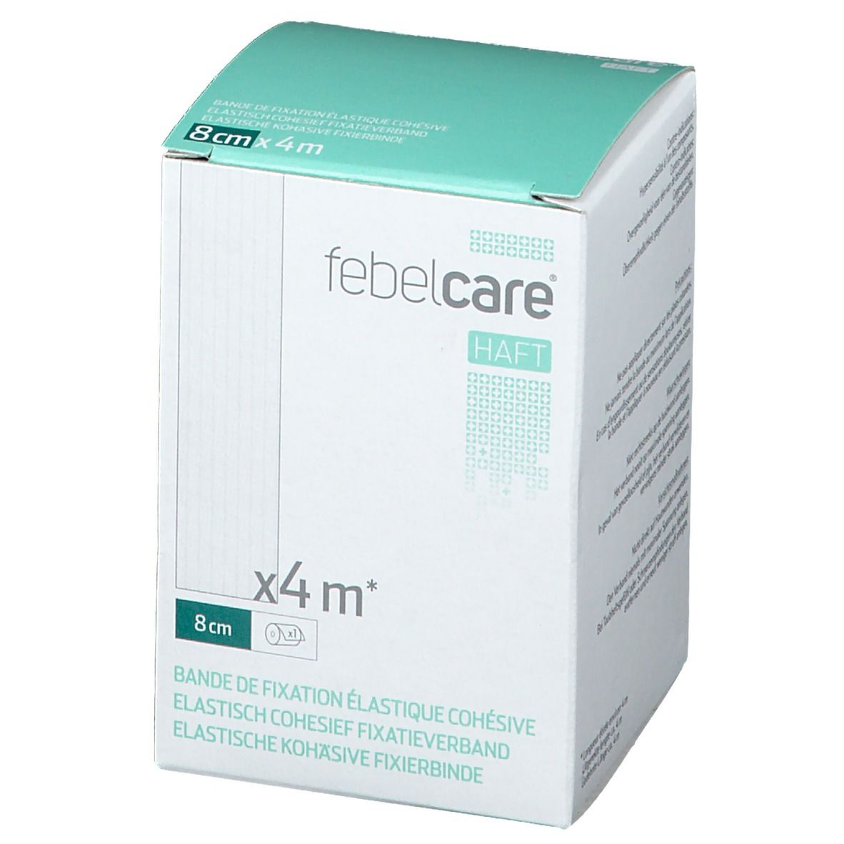 Emballage de bandage de fixation élastique. Inscription: Febelcare Haft, 8cm x 4m. Boîte blanche avec couvercle turquoise.