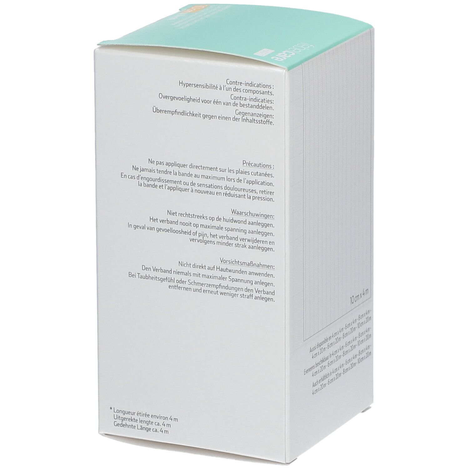 Côté de la boîte de bandage adhésif Febelcare avec avertissements et précautions. Texte en plusieurs langues.