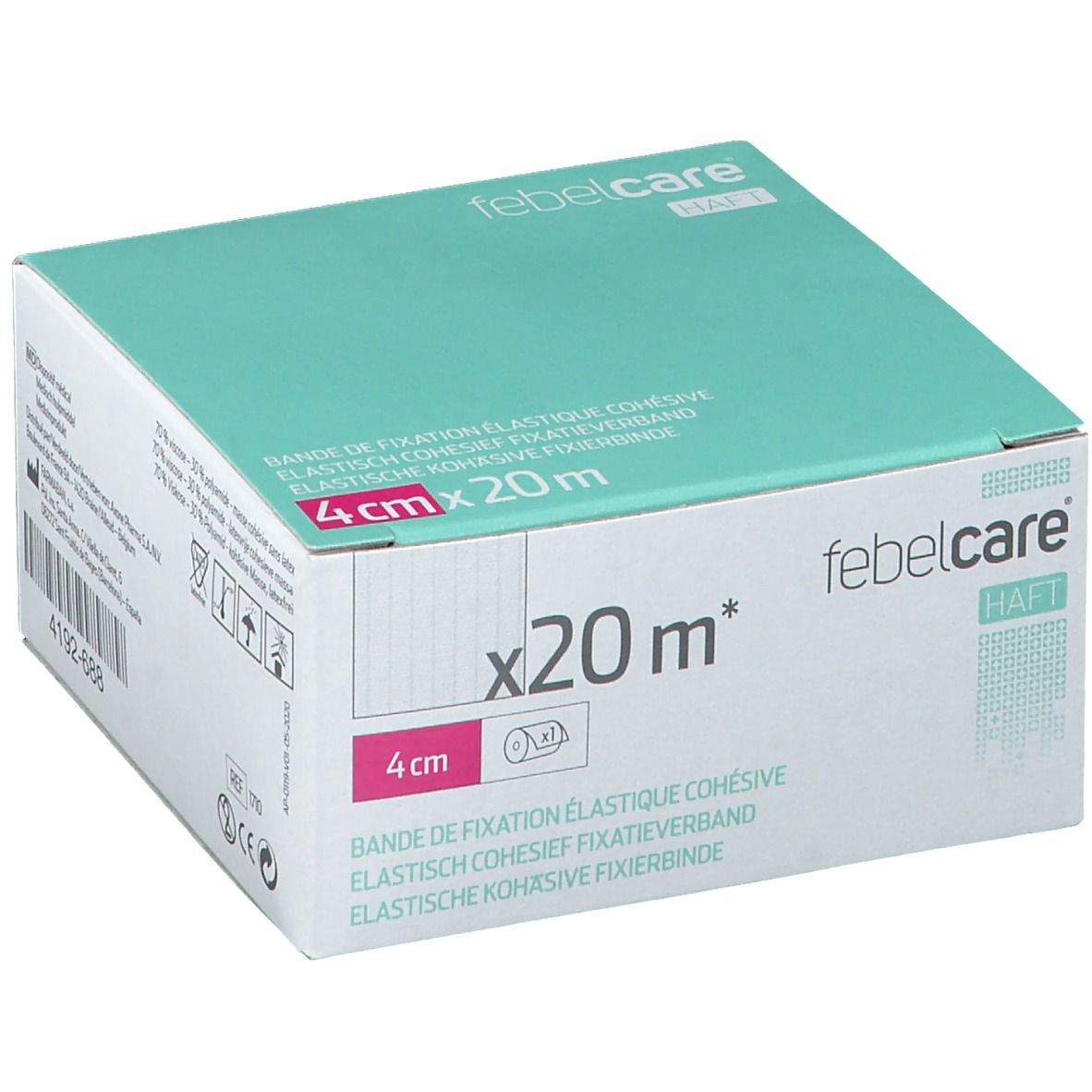 Boîte de bandage adhésif élastique. Dimensions : 4 cm x 20 m. Marque : Febelcare Haft.