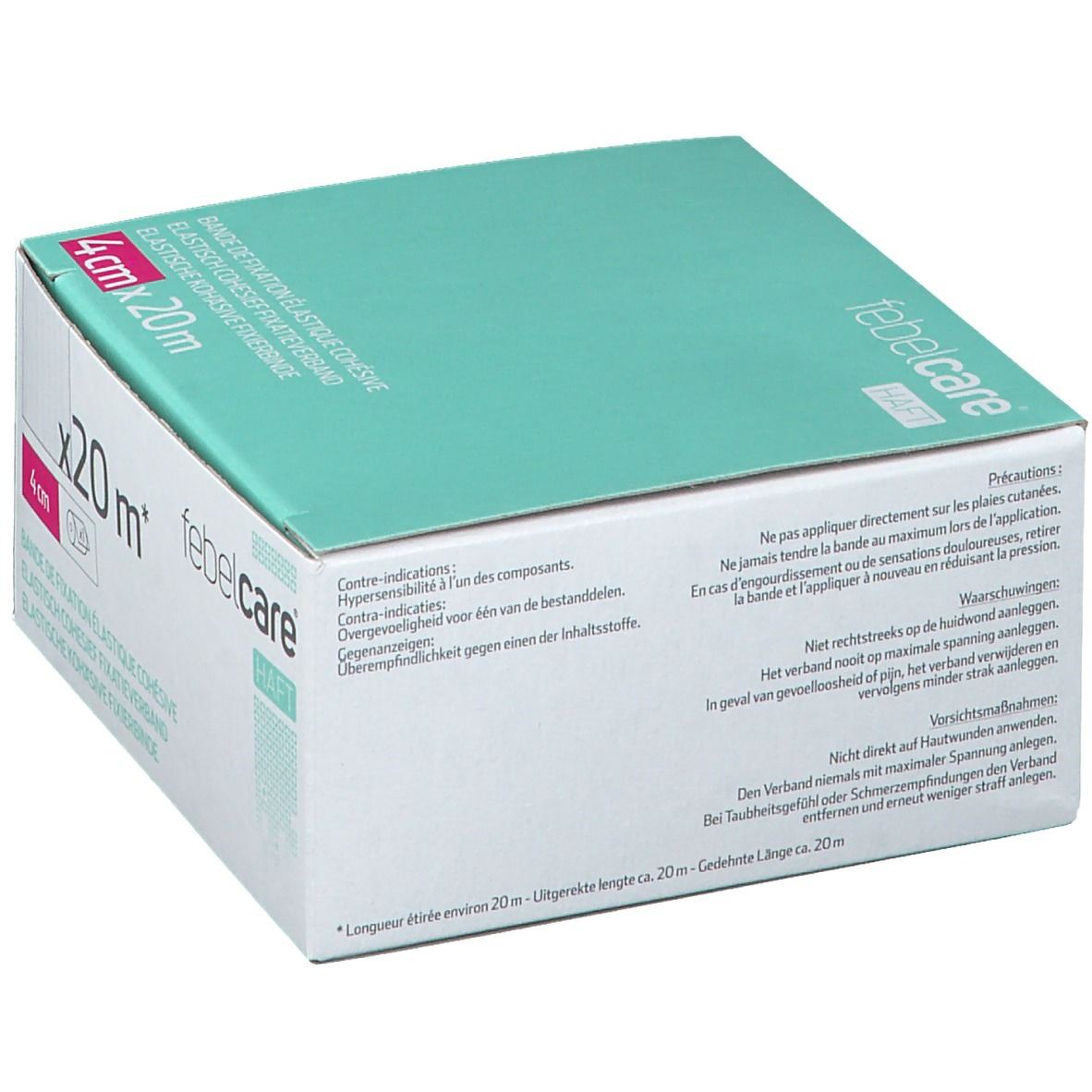 Boîte de bandage adhésif élastique. Dimensions : 4 cm x 20 m. Marque : Febelcare. Texte en français.