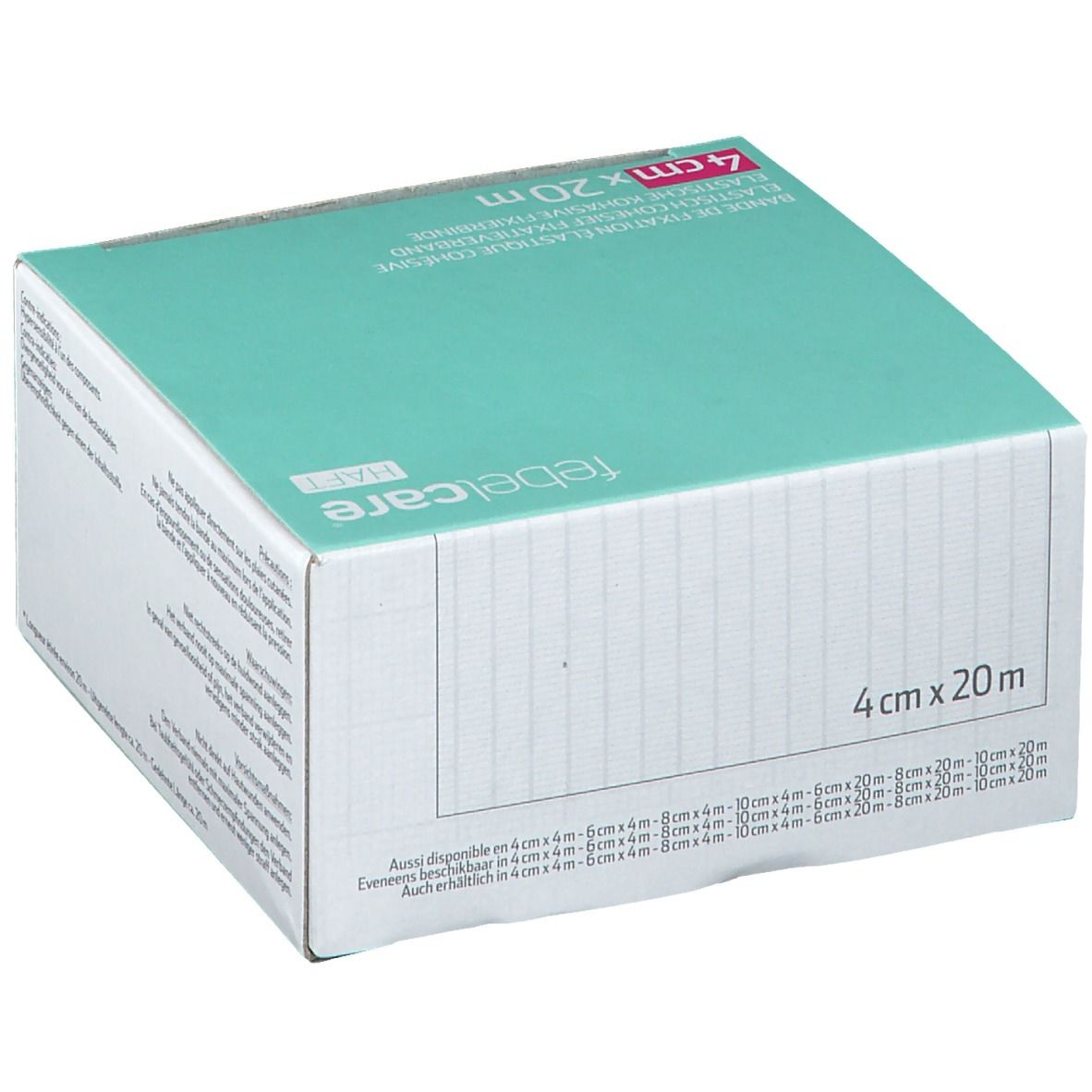 Boîte de bandage adhésif élastique. Dimensions : 4 cm x 20 m. Marque : Febelcare. Texte multilingue.