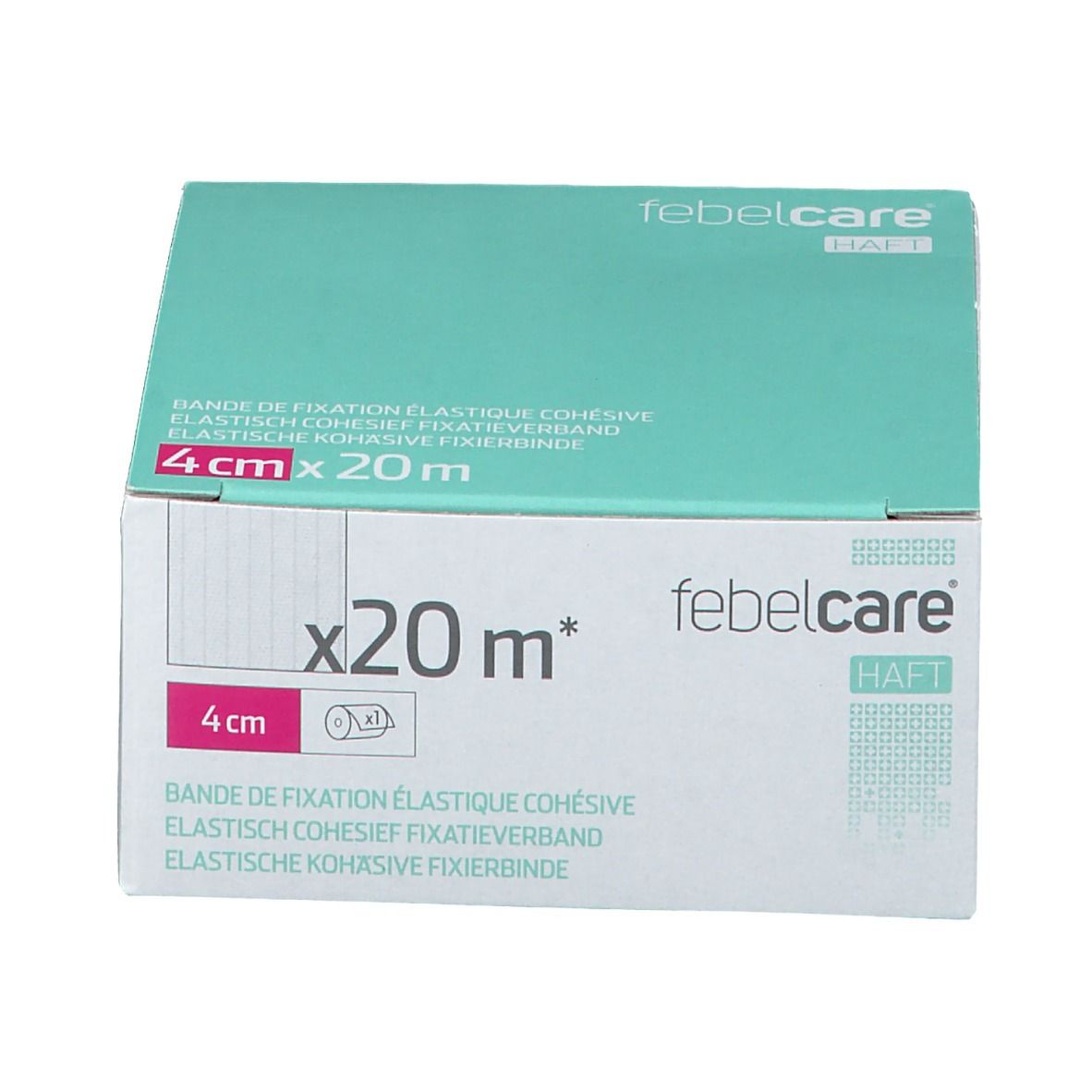 Boîte de bandage adhésif élastique. Dimensions : 4 cm x 20 m. Marque : Febelcare Haft. Rouleau illustré.