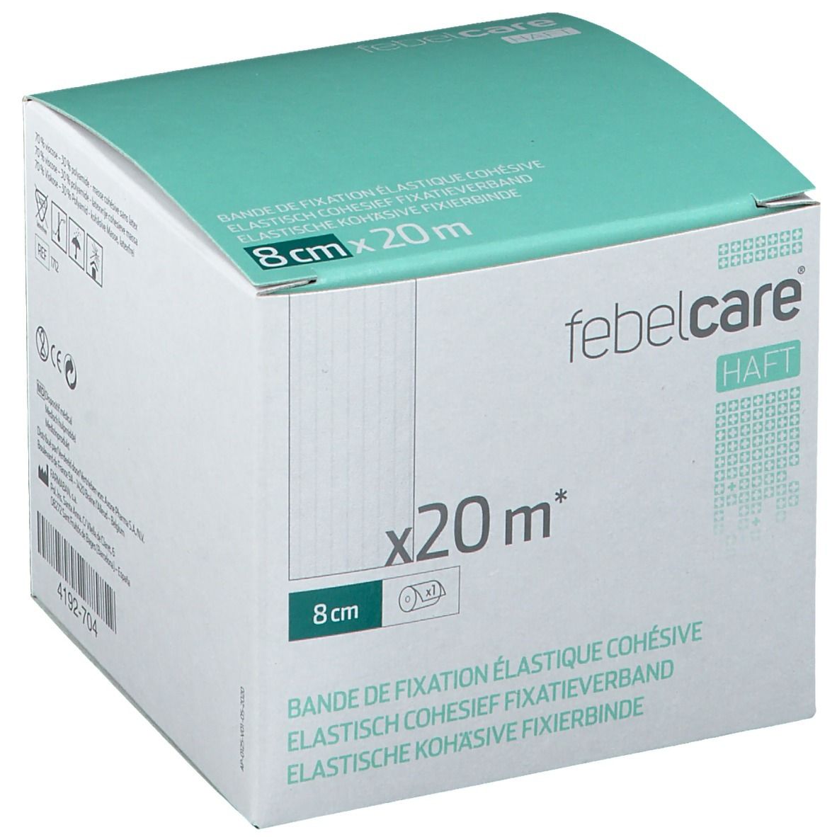 Boîte de Febelcare Haft Bandage de Fixation Elastique. Dimensions : 8cm x 20m. Carton blanc, couvercle turquoise, nom du produit et informations.