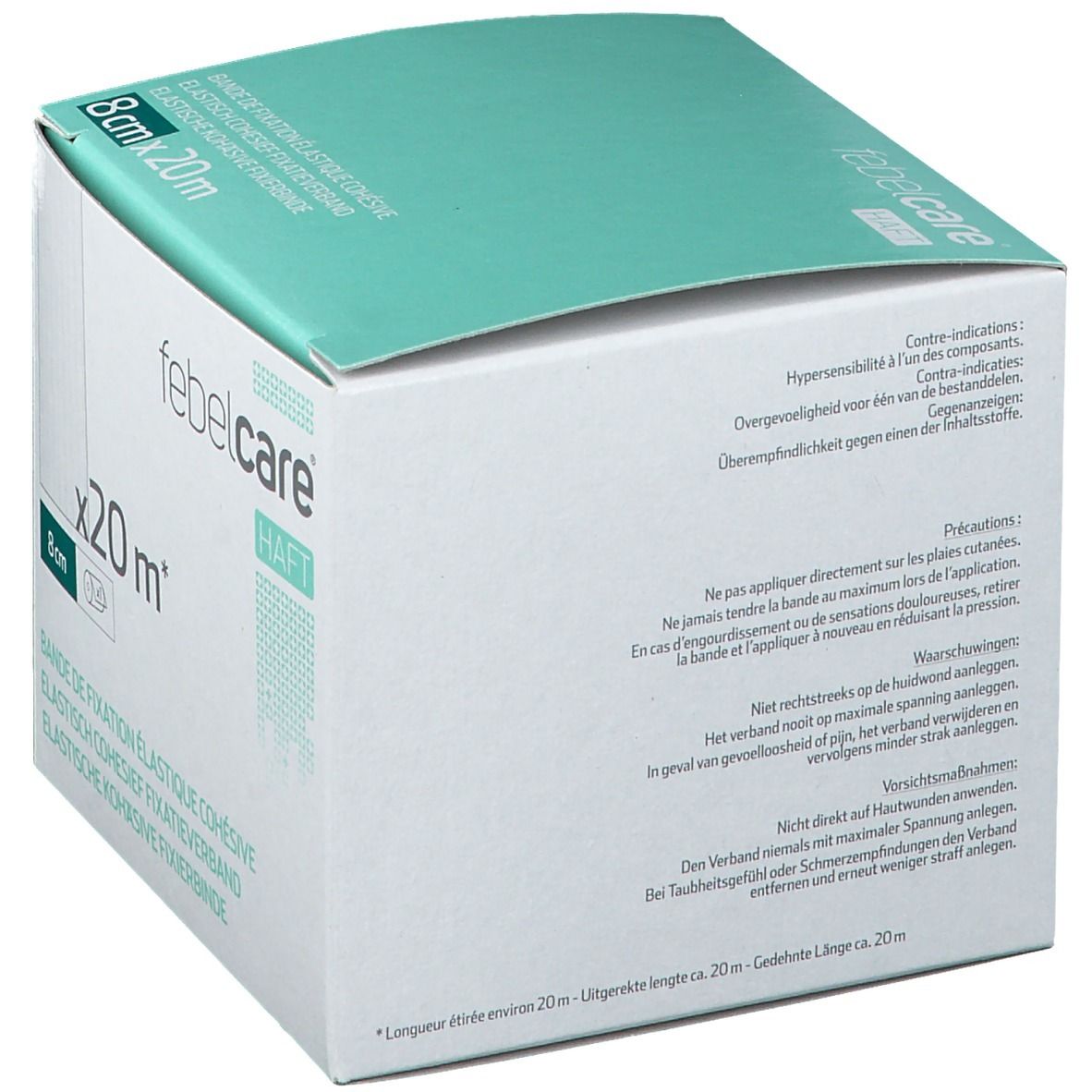 Boîte ouverte de Febelcare Haft Bandage de Fixation Elastique. Dimensions : 8cm x 20m. Carton blanc, couvercle turquoise, informations produit.