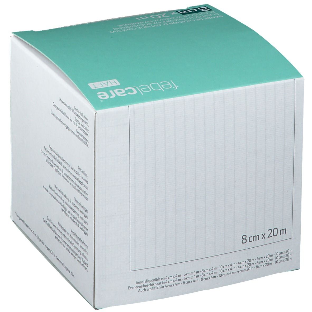 Boîte de Febelcare Haft Bandage de Fixation Elastique. Dimensions : 8cm x 20m. Carton blanc, couvercle turquoise, informations produit.