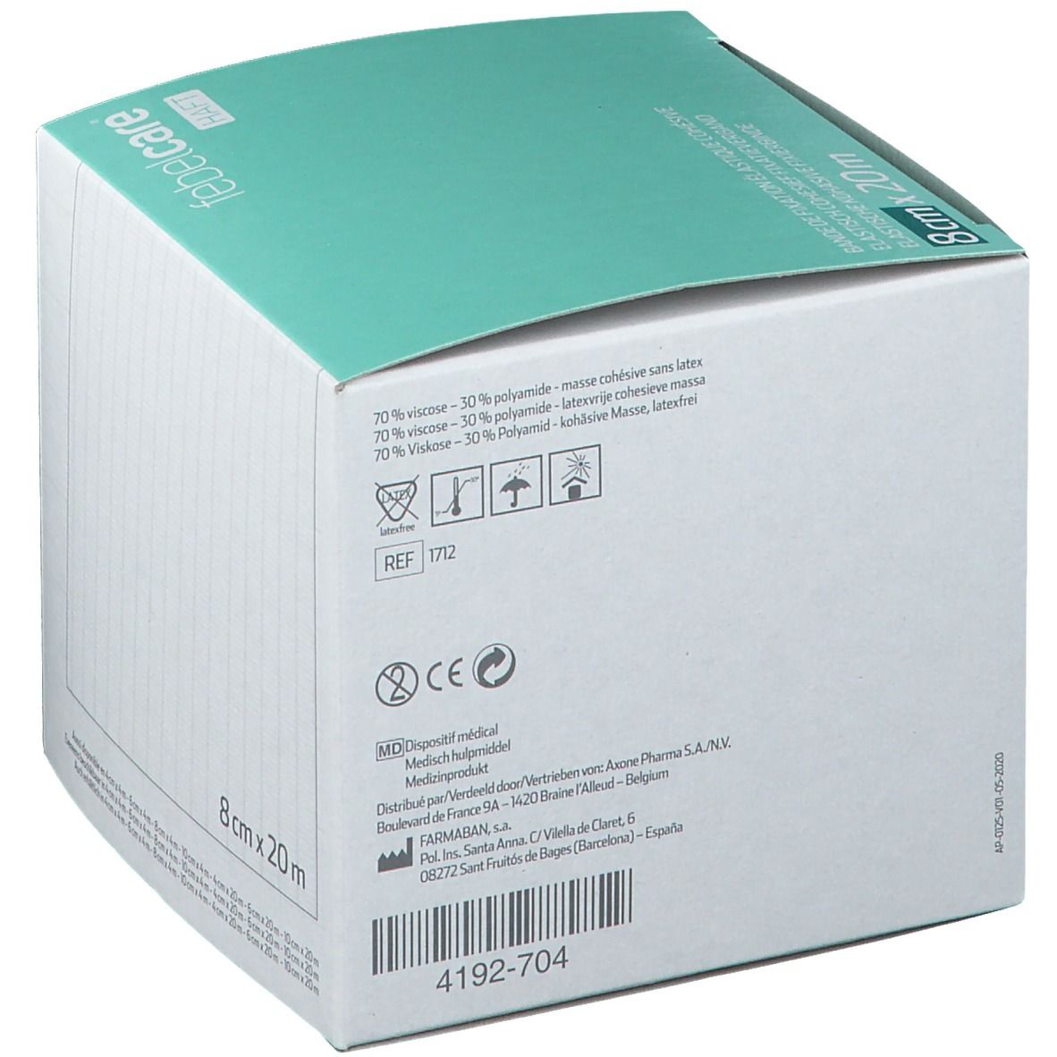 Dos de la boîte de Febelcare Haft Bandage de Fixation Elastique. Dimensions : 8cm x 20m. Carton blanc, informations produit, logos et codes.