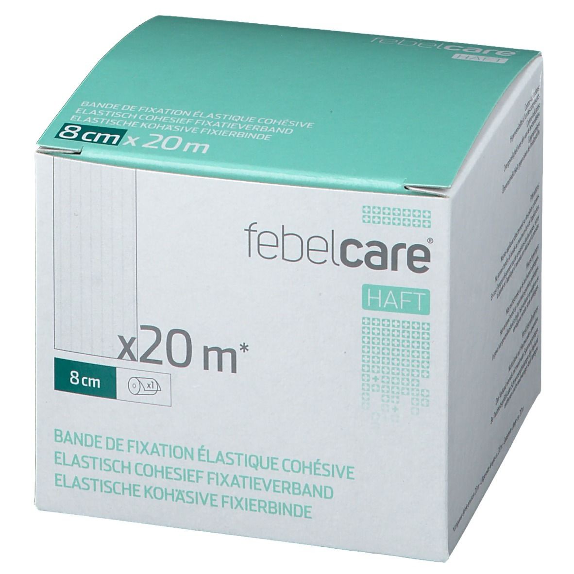 Boîte de Febelcare Haft Bandage de Fixation Elastique. Dimensions : 8cm x 20m. Carton blanc, couvercle turquoise, nom et informations.
