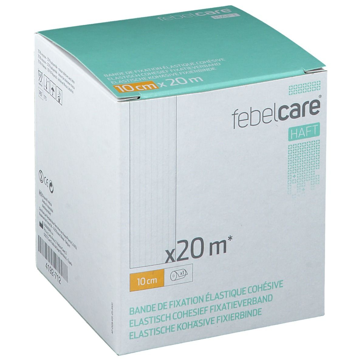 Boîte blanche et verte. Inscription: 10 cm x 20 m, Febelcare Haft. Texte multilingue.