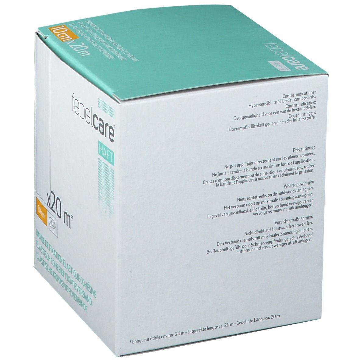Boîte avec couvercle vert. Inscription: 10 cm x 20 m, Febelcare Haft. Texte sur précautions et contre-indications.