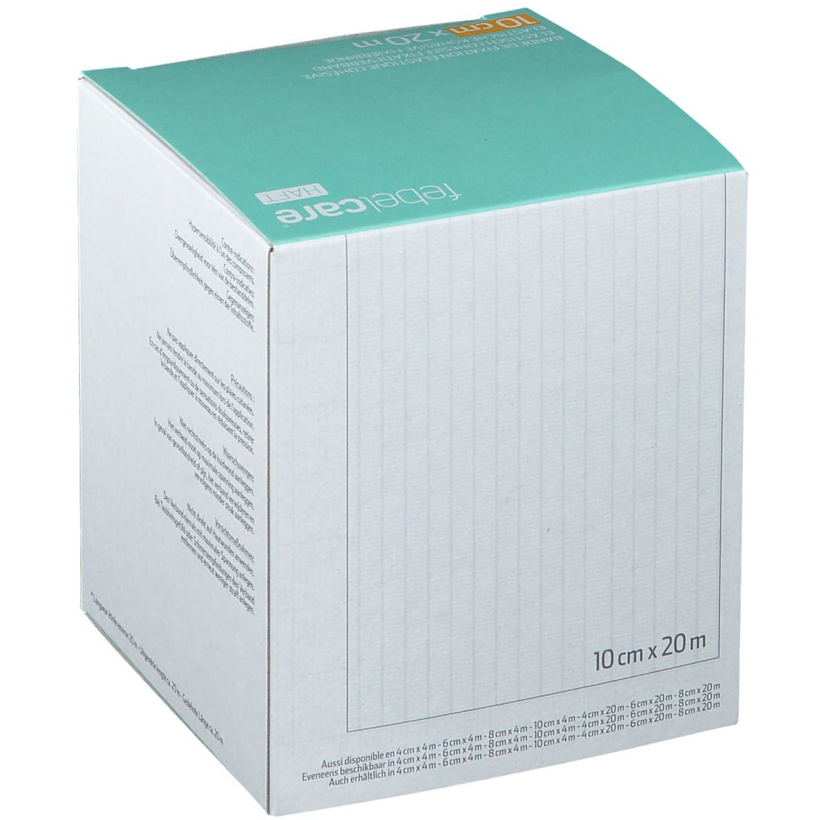 Boîte blanche et verte. Inscription: 10 cm x 20 m. Texte multilingue. Rayures verticales sur le côté.