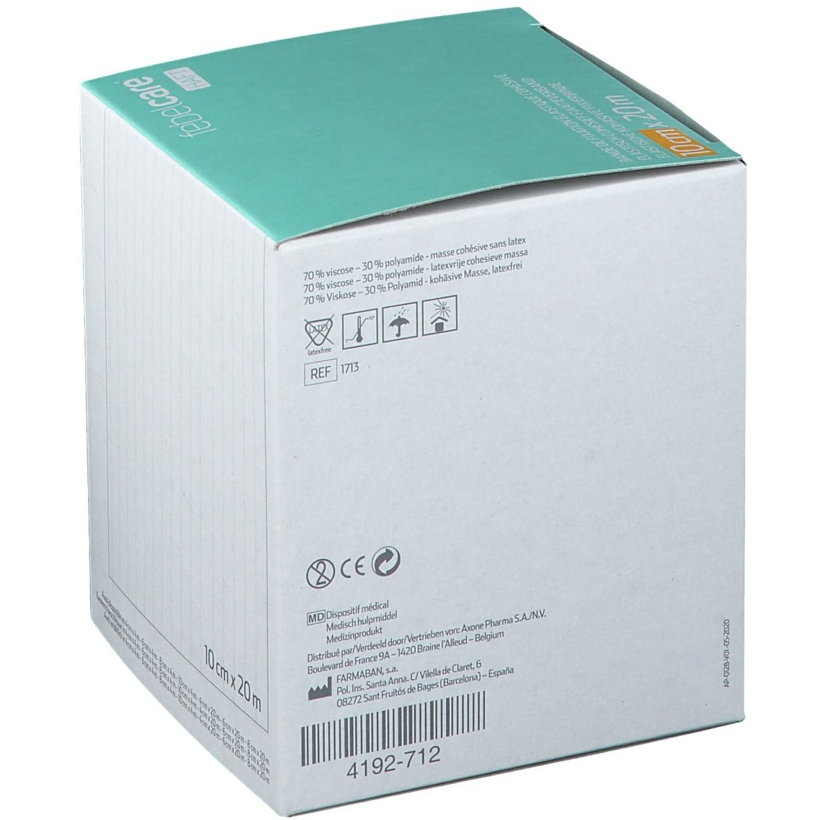 Boîte avec couvercle vert. Inscription: 10 cm x 20 m. Texte multilingue. Code-barres et informations fabricant.