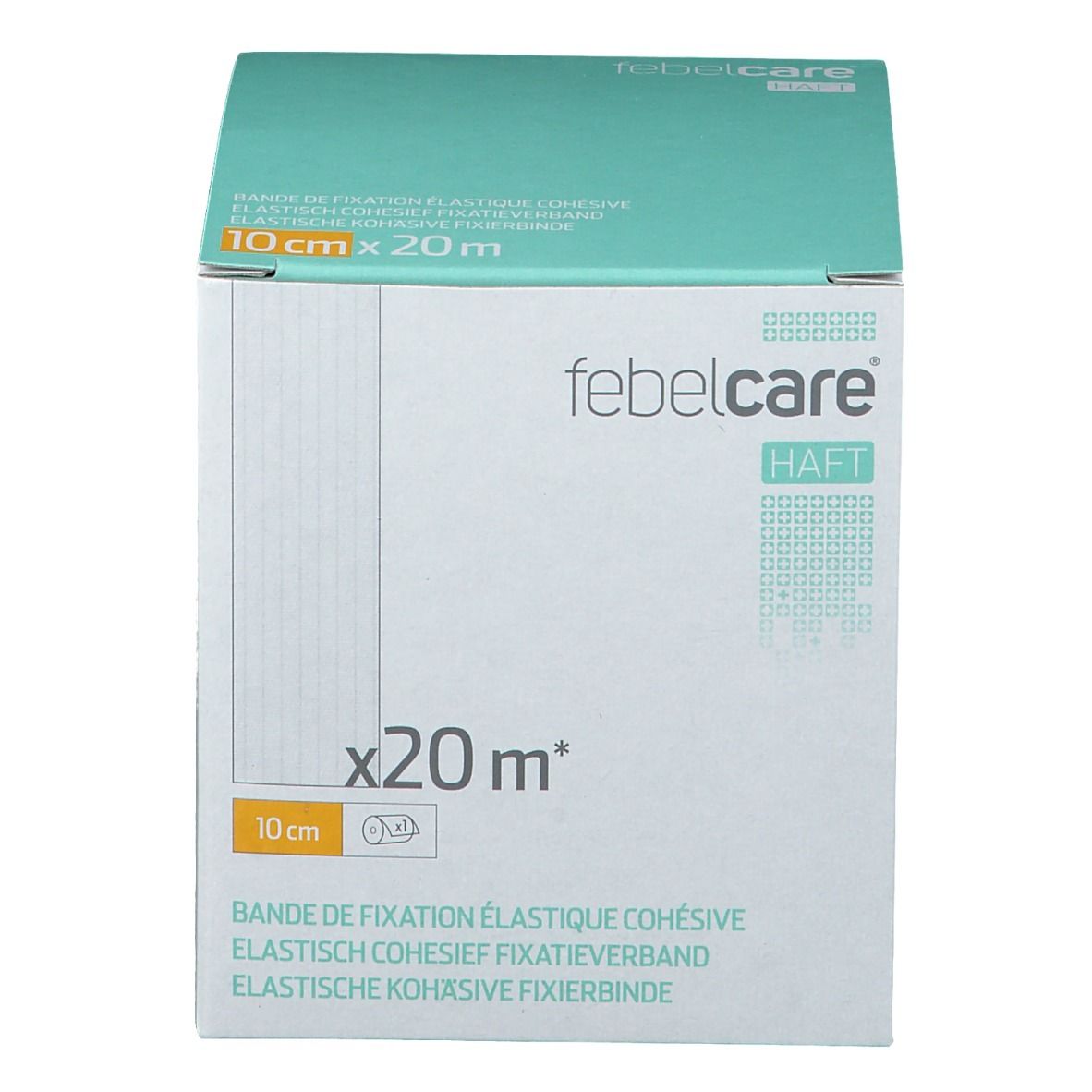 Boîte blanche et verte. Inscription: 10 cm x 20 m, Febelcare Haft. Texte multilingue.