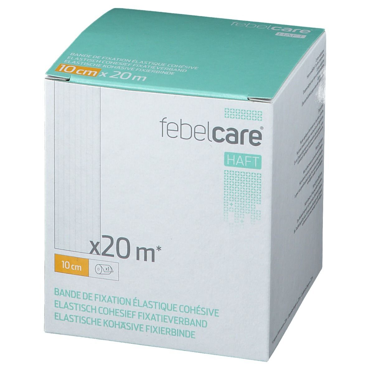 Boîte blanche et verte. Inscription: 10 cm x 20 m, Febelcare Haft. Texte multilingue.