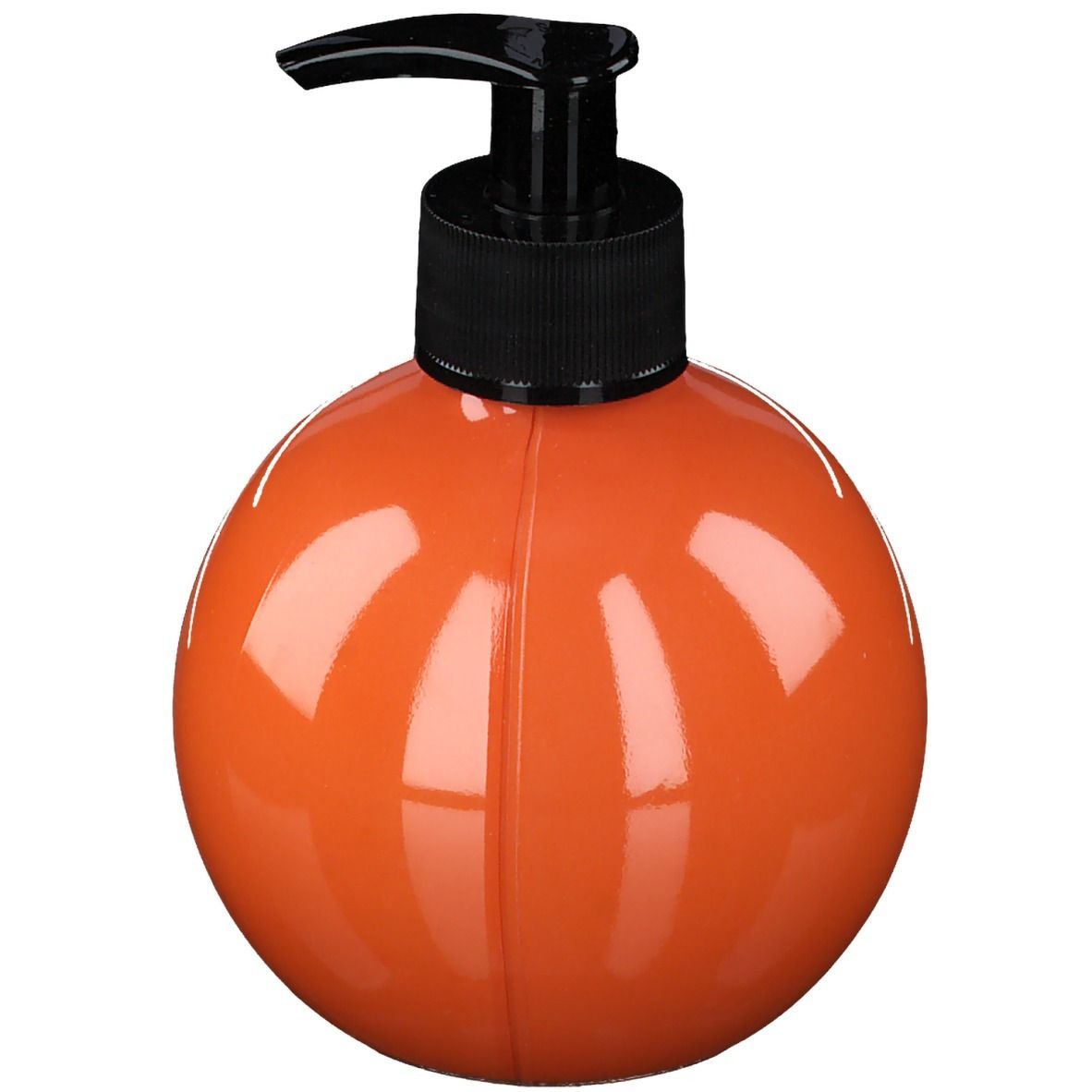 Flacon distributeur sphérique orange avec pompe noire. Ligne verticale sur la surface du flacon.