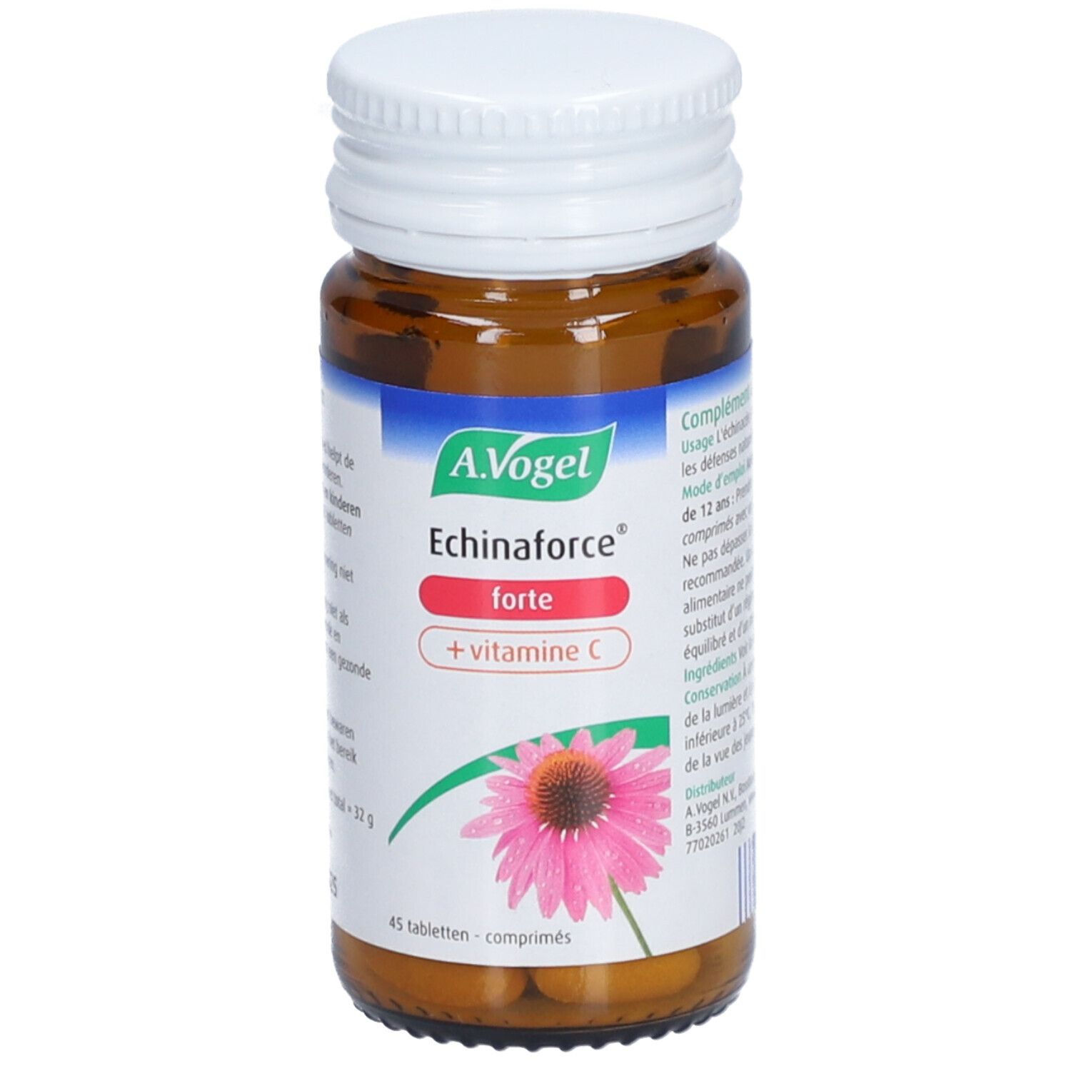 Flacon en verre brun, bouchon blanc. A.Vogel Echinaforce Forte + Vitamine C. 45 comprimés.