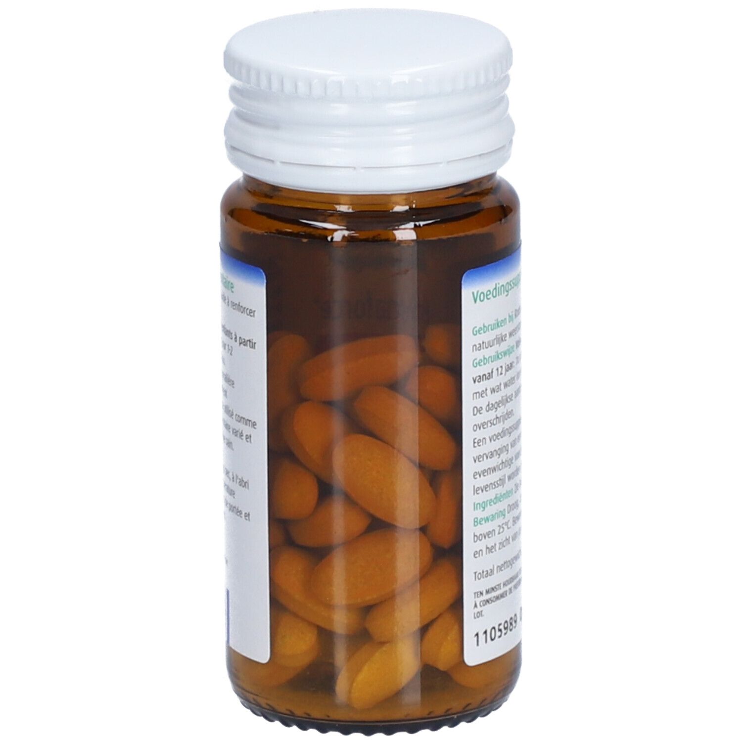 Flacon en verre brun avec comprimés. A.Vogel Echinaforce Forte + Vitamine C. Comprimés visibles.