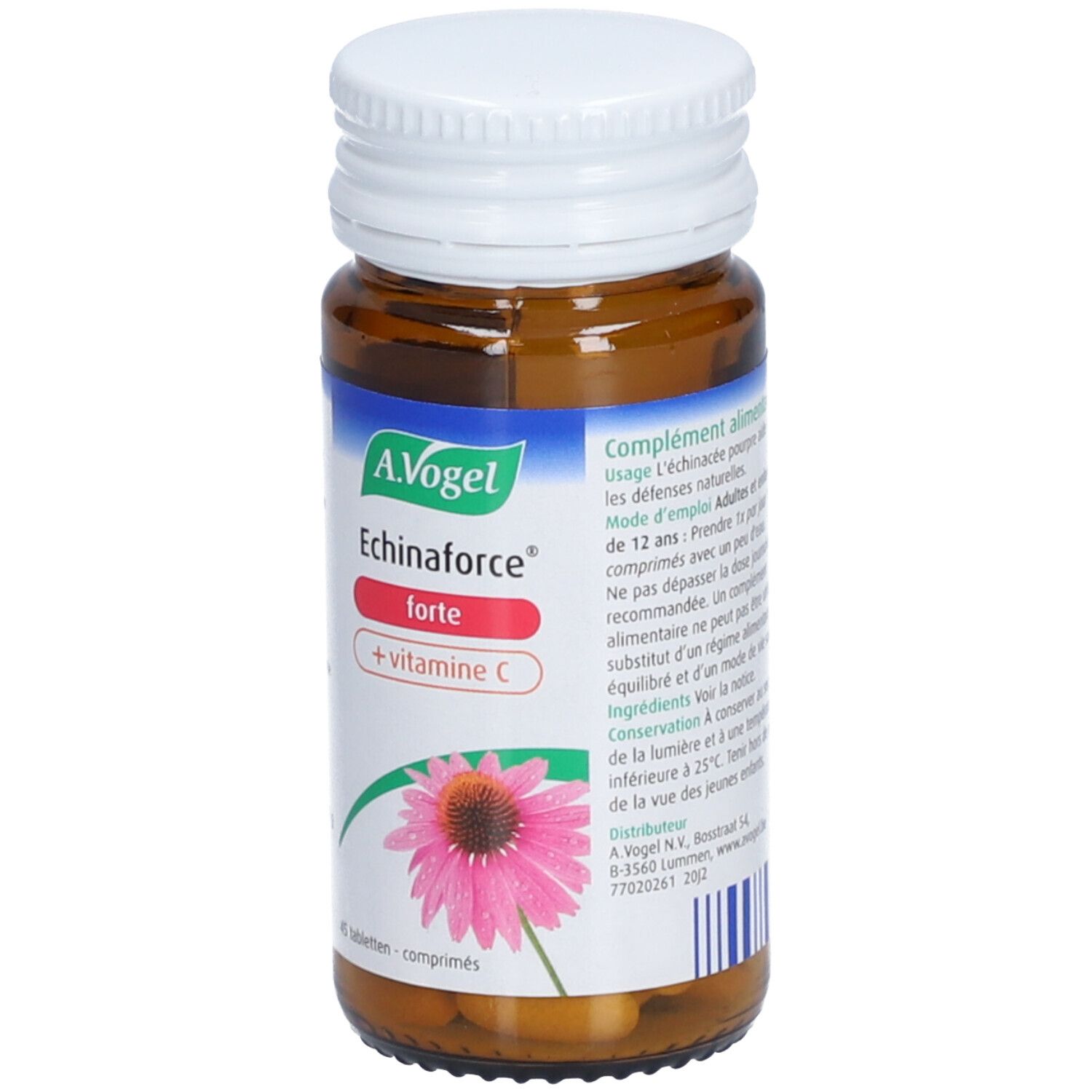 Flacon en verre brun. A.Vogel Echinaforce Forte + Vitamine C. Informations et comprimés.
