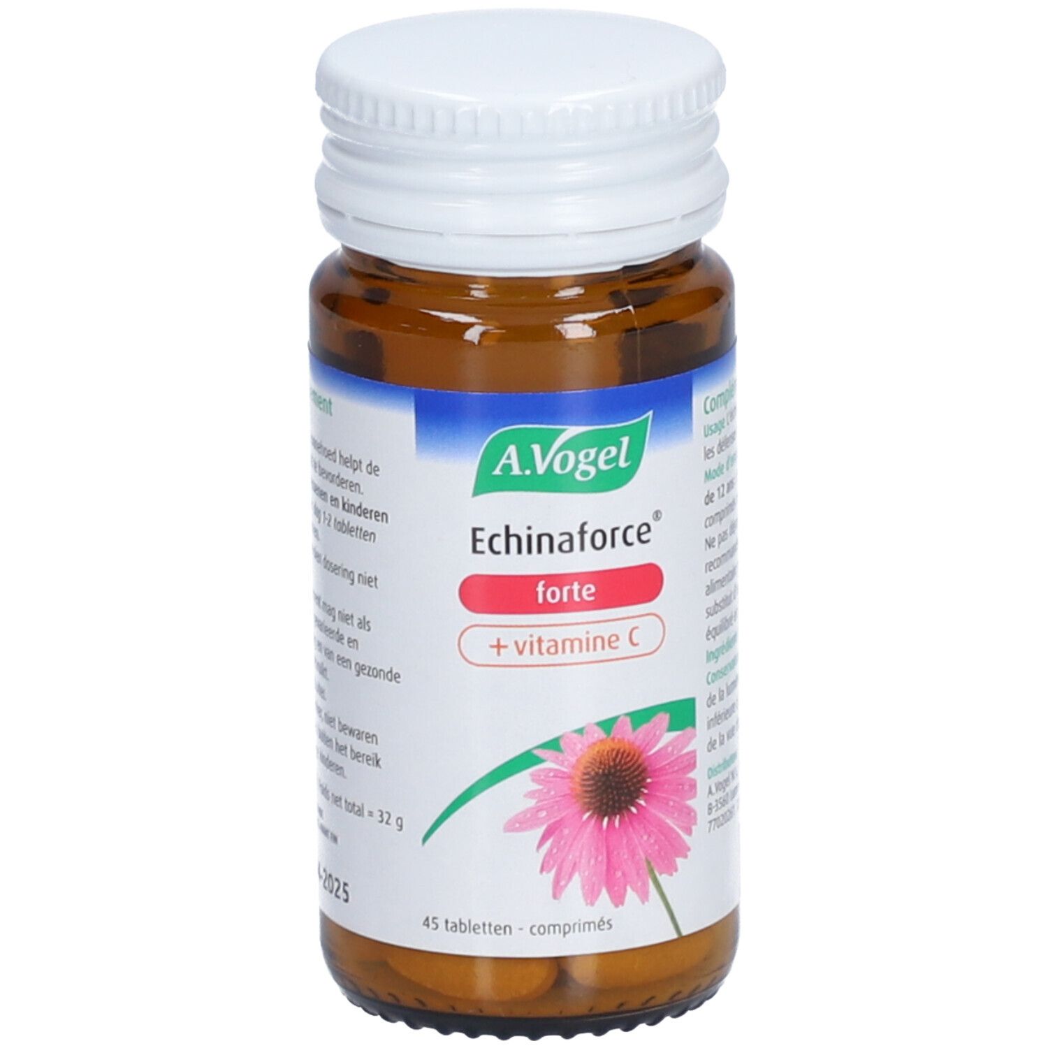 Flacon en verre brun. A.Vogel Echinaforce Forte + Vitamine C. 45 comprimés. Informations.
