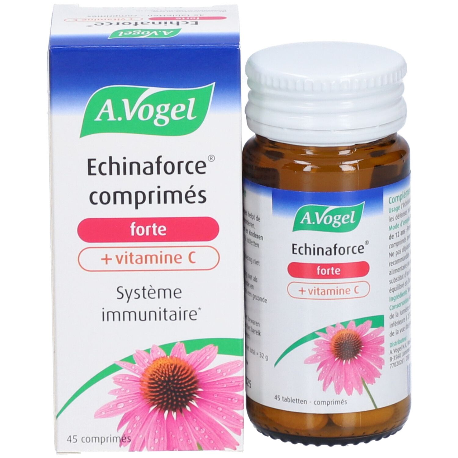 A.Vogel Echinaforce Forte + Vitamine C. Boîte et flacon. 45 comprimés. Informations produit.