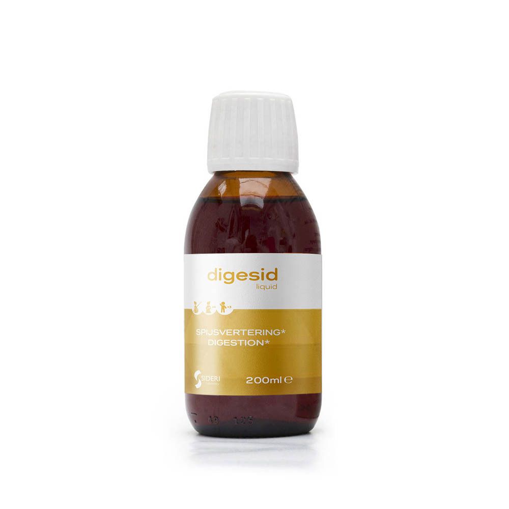 Liquide brun en flacon avec bouchon blanc. Inscription: digesid liquid. 200ml.