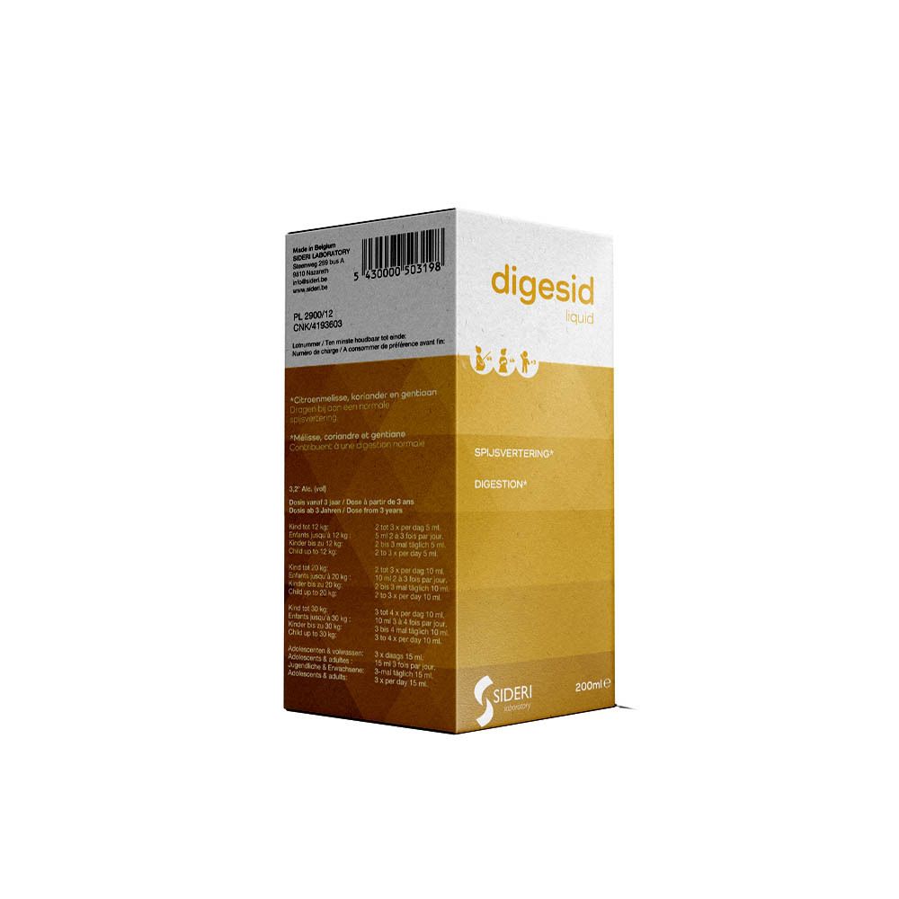 Emballage du produit. Inscription: digesid liquid. Contient mélisse, coriandre, gentiane.