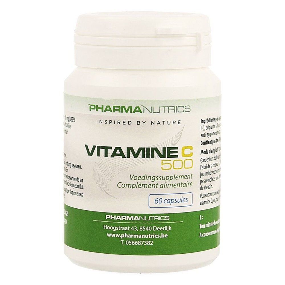 Flacon blanc Pharmanutrics Vitamine C 500. 60 gélules. Étiquette avec informations.
