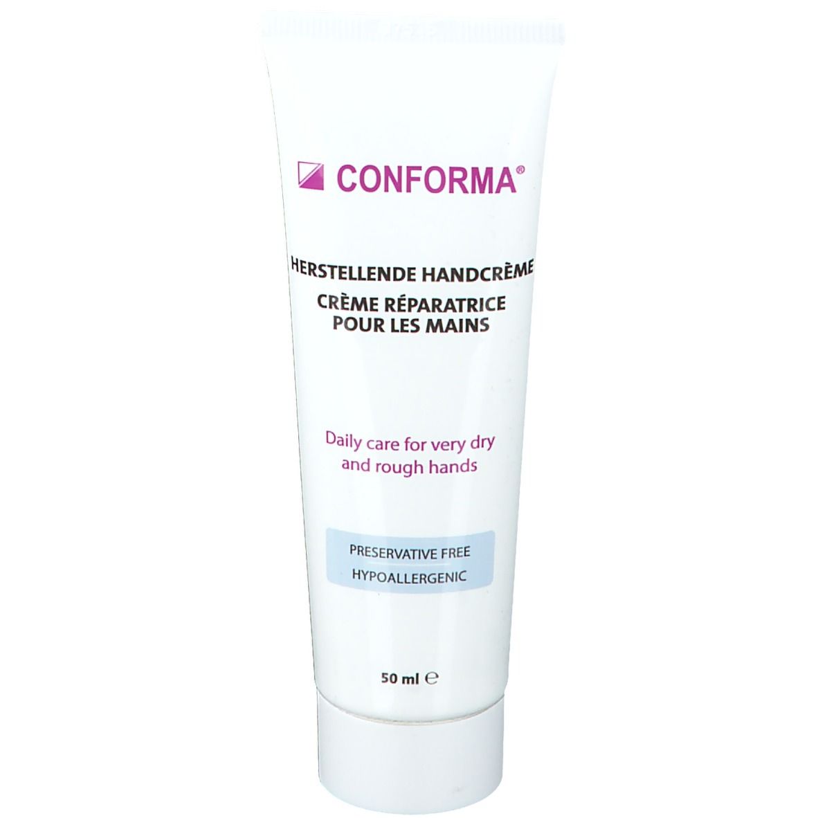 Tube de crème. Nom du produit et logo visibles. Texte: Herstellende Handcrème, Crème réparatrice pour les mains. Pour les mains très sèches.