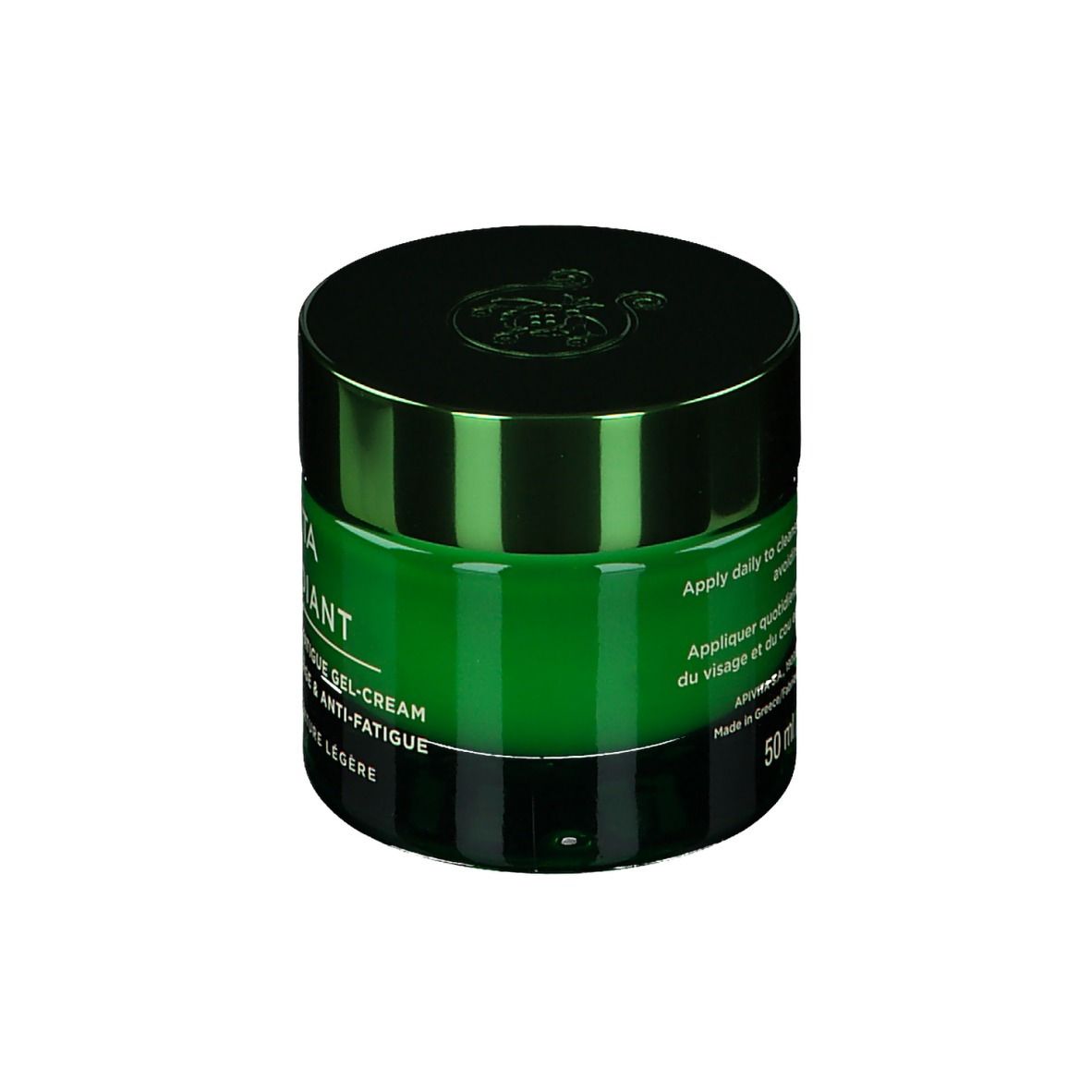 Pot vert avec couvercle foncé, 50ml, Gel-Crème Anti-Fatigue.