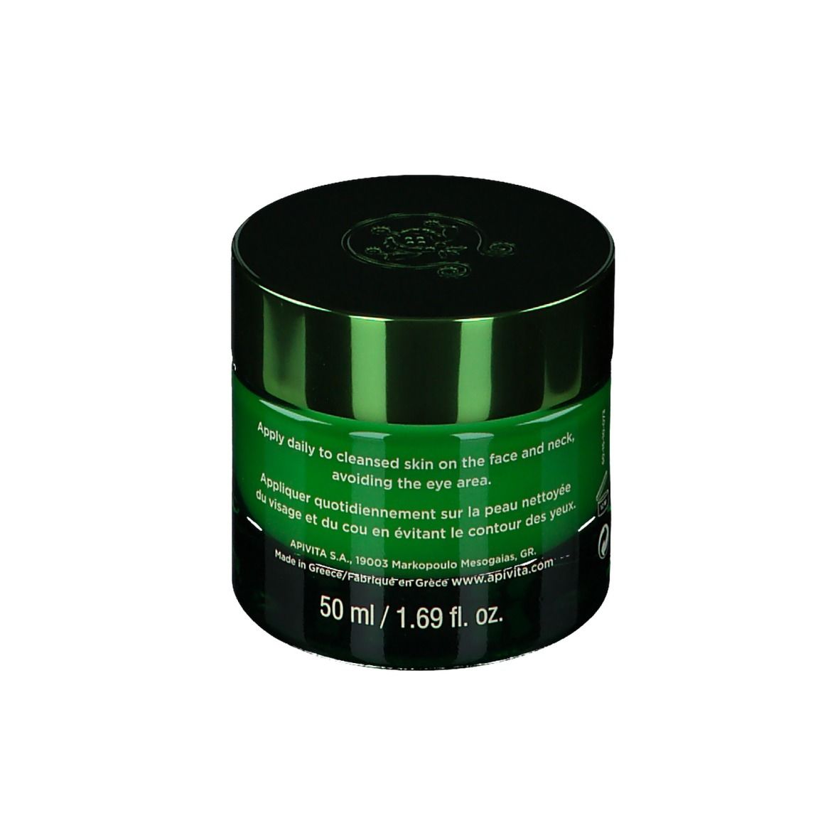 Pot de crème vert avec couvercle argenté, 50 ml.