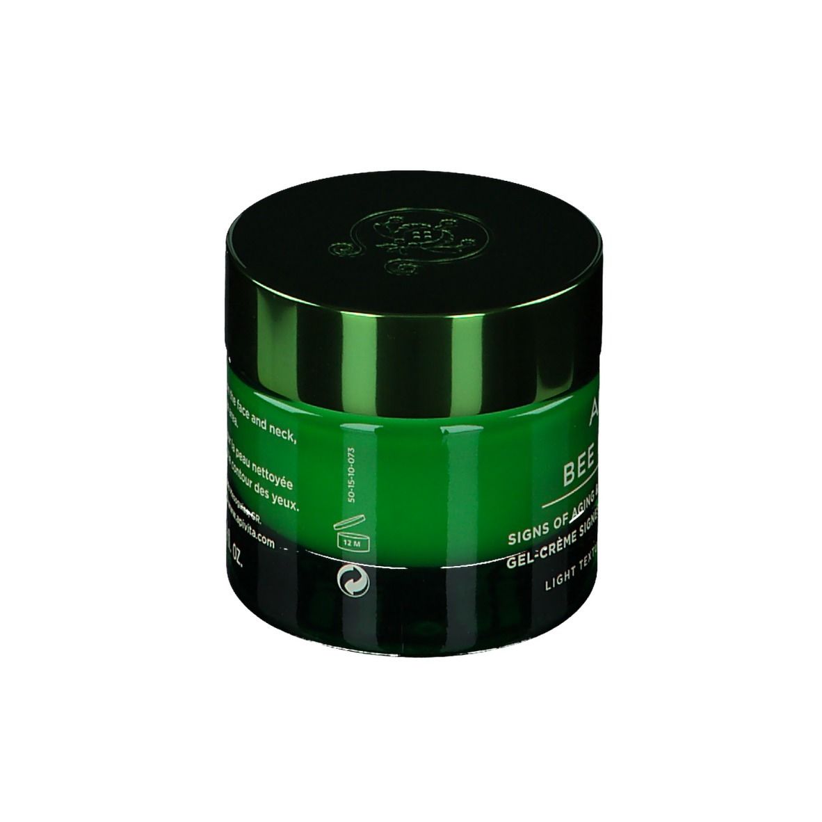 Pot vert avec couvercle argenté contenant une crème pour le visage. Étiquette : 'BEE VENOM GEL-CREME SUPERIEURE'.