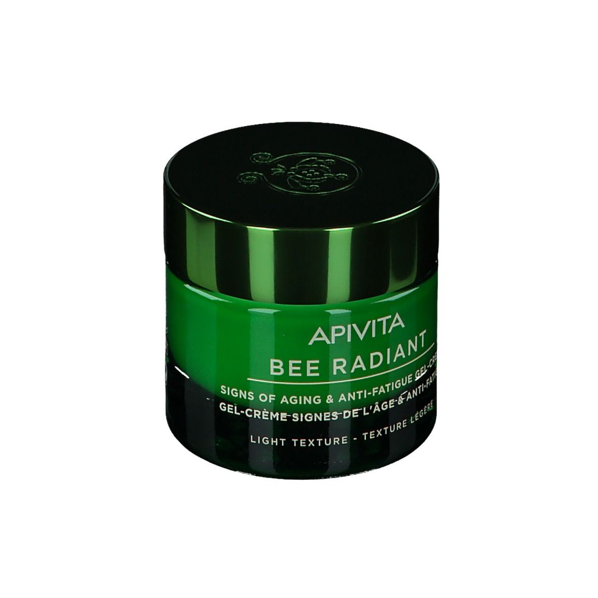 Pot vert avec inscription dorée : APIVITA BEE RADIANT, Signes de l'âge & Anti-fatigue, Gel-crème, texture légère.