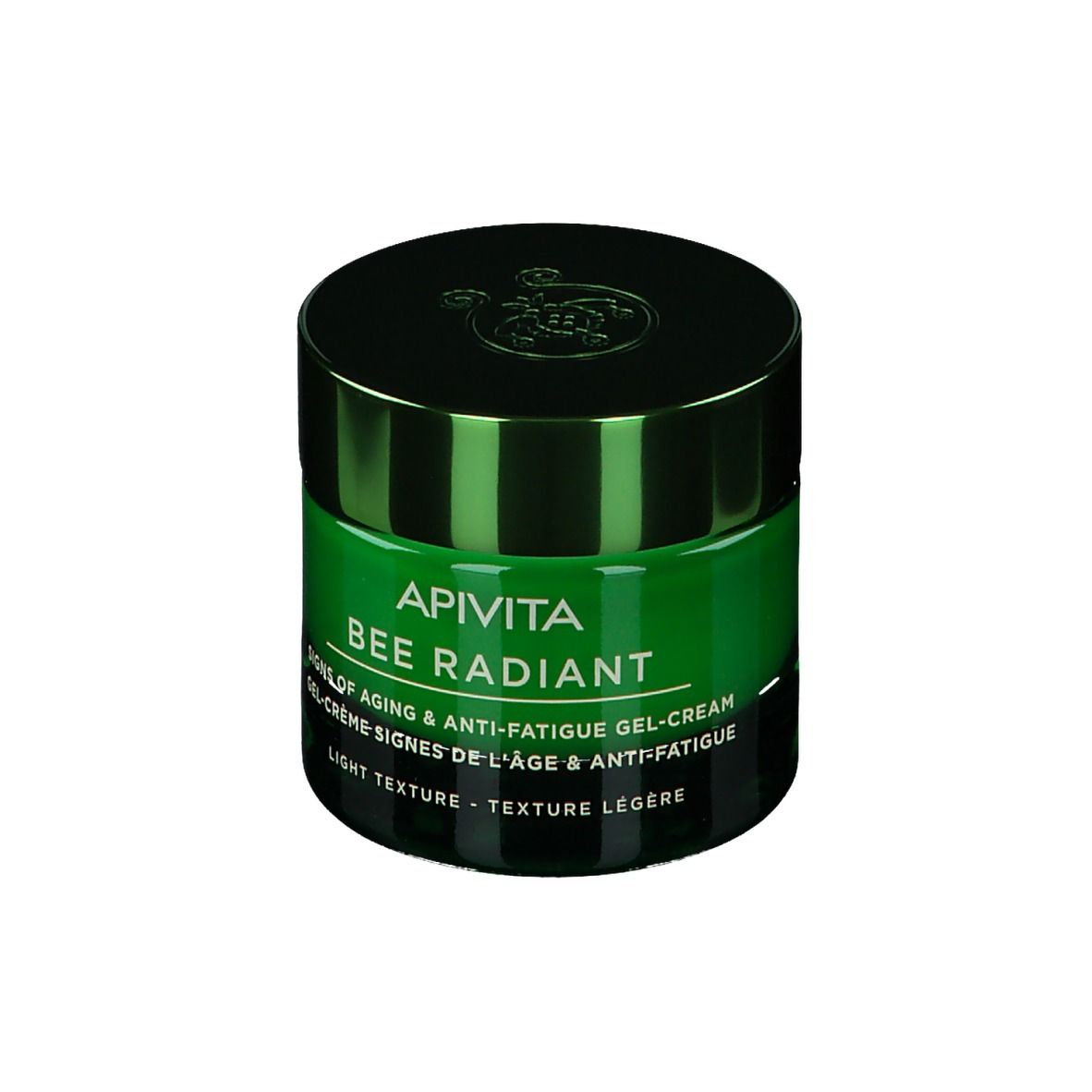 API VITA Bee Radiant Gel-Crème Anti-Âge & Anti-Fatigue dans un pot vert avec un couvercle foncé.