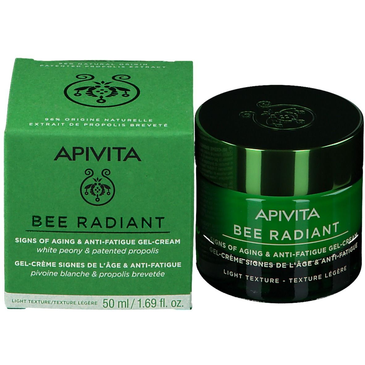 API VITA Bee Radiant Gel-Crème anti-âge et anti-fatigue, 50 ml. Boîte et pot verts.