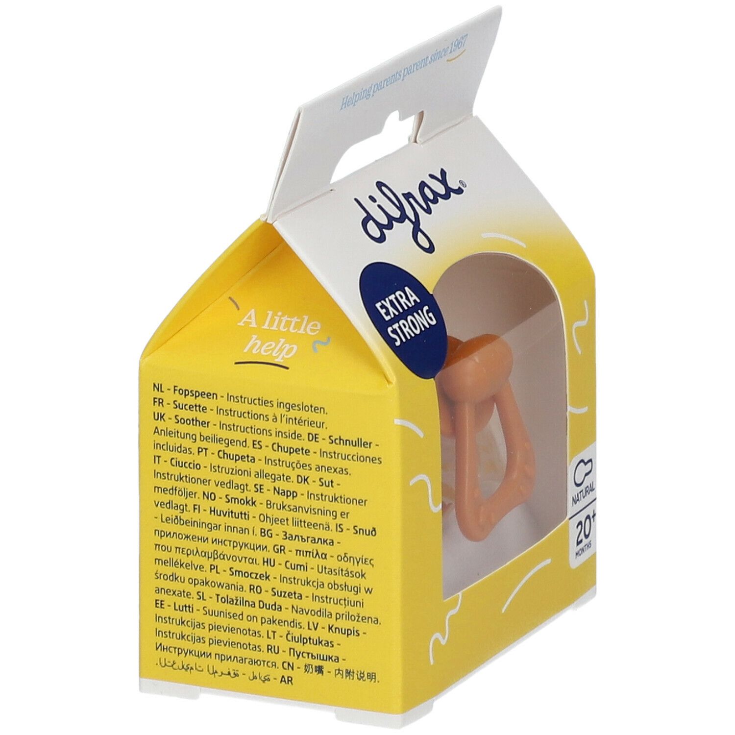 Emballage avec sucette. Inscriptions : difrax, EXTRA STRONG, NATURAL, 20+ MONTHS. Texte multilingue. Fond jaune.