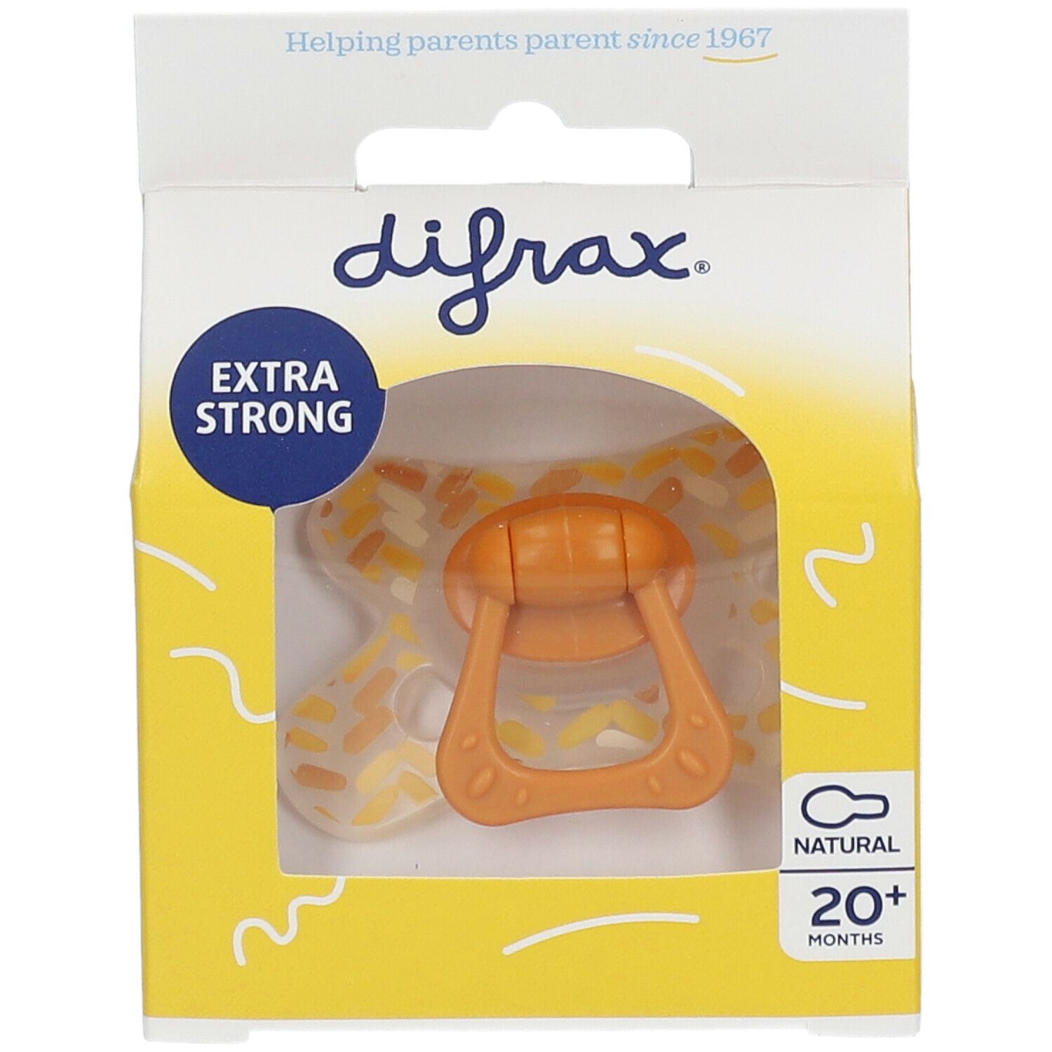 Sucette dans un emballage jaune. Visible : tétine orange, poignée. Inscriptions : difrax, EXTRA STRONG, NATURAL, 20+ MONTHS.