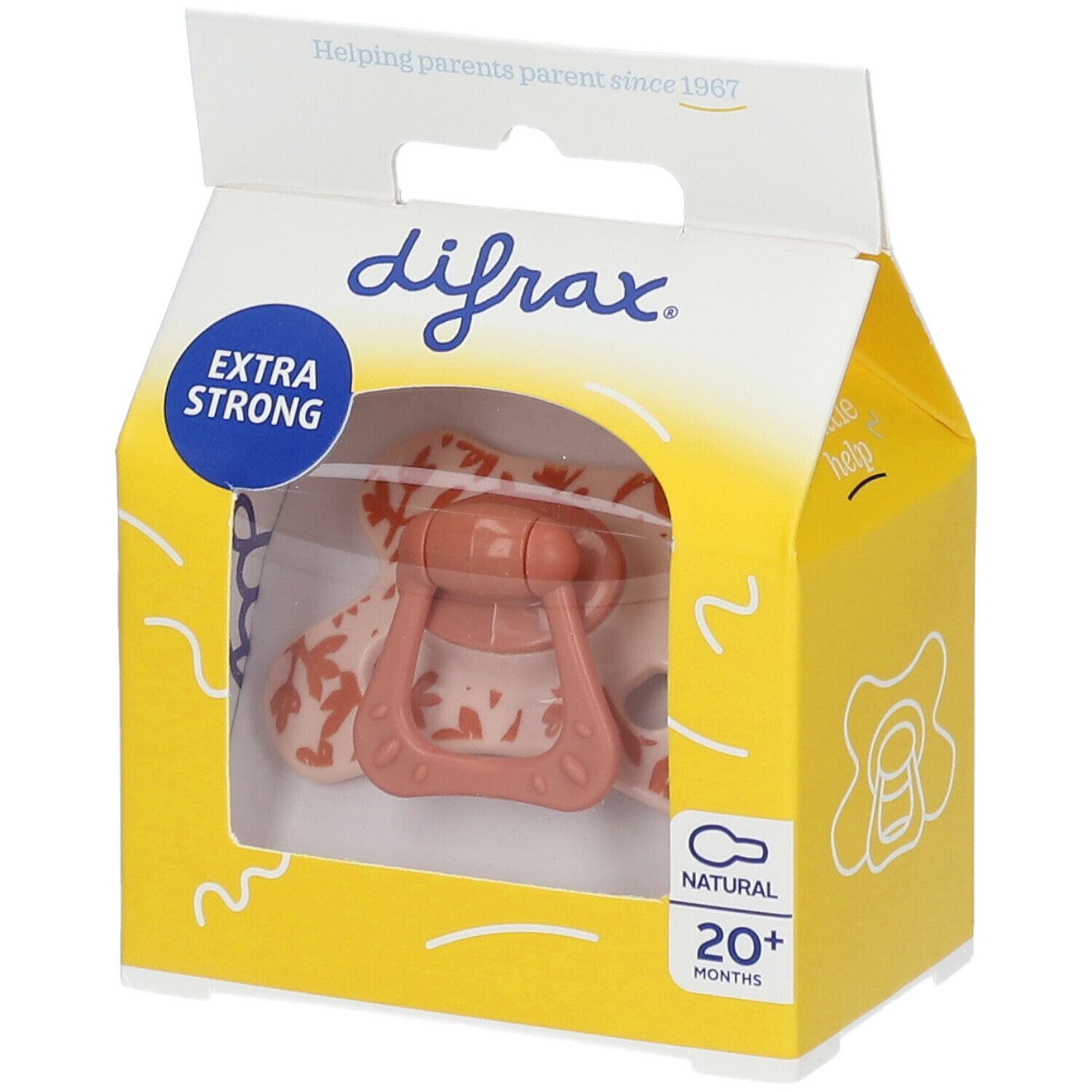 Emballage avec sucette rose. Inscriptions: "difrax", "EXTRA STRONG", "NATURAL 20+ MONTHS". Fenêtre transparente.
