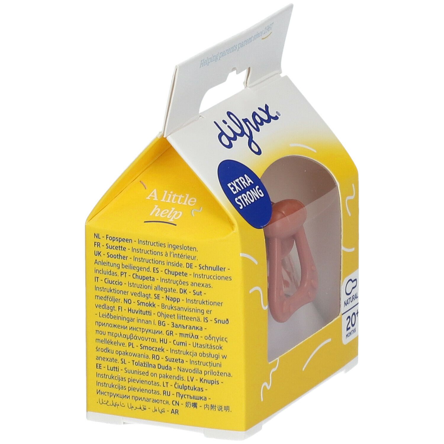 Emballage avec sucette rose. Inscriptions: "difrax", "EXTRA STRONG", "NATURAL 20+ MONTHS".