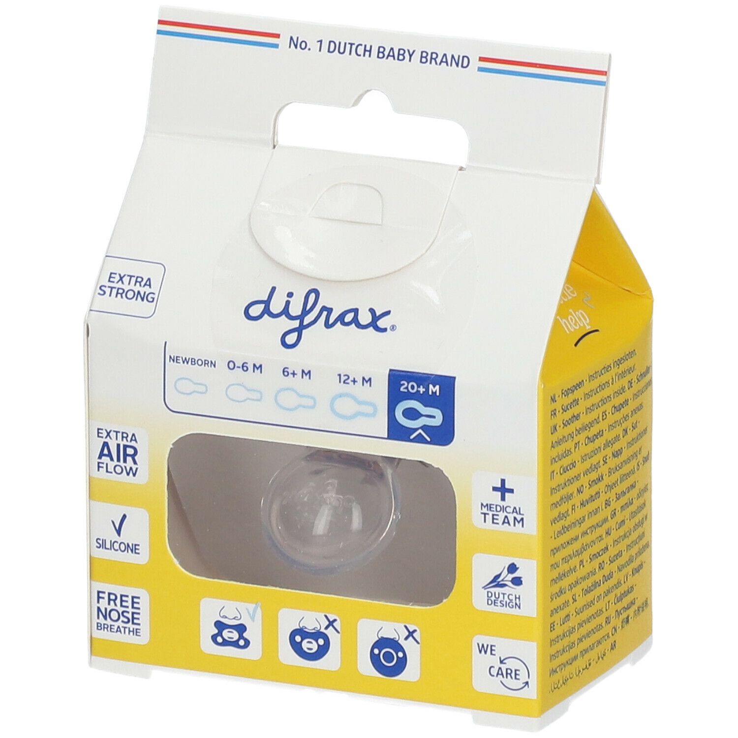 Emballage avec sucette. Inscriptions: "difrax", "EXTRA STRONG", "NATURAL 20+ MONTHS".