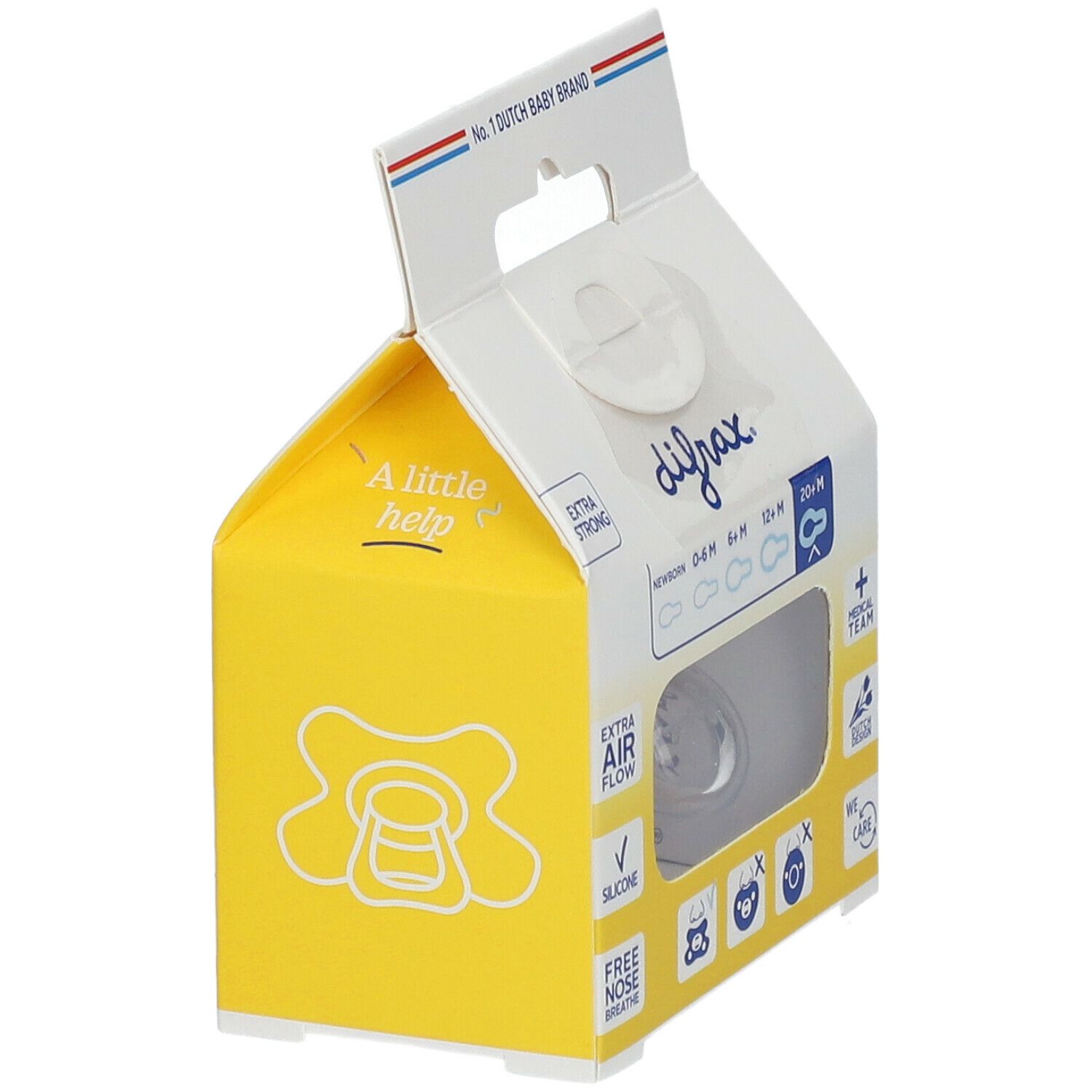 Emballage avec sucette. Inscriptions: "difrax", "EXTRA STRONG", "NATURAL 20+ MONTHS".