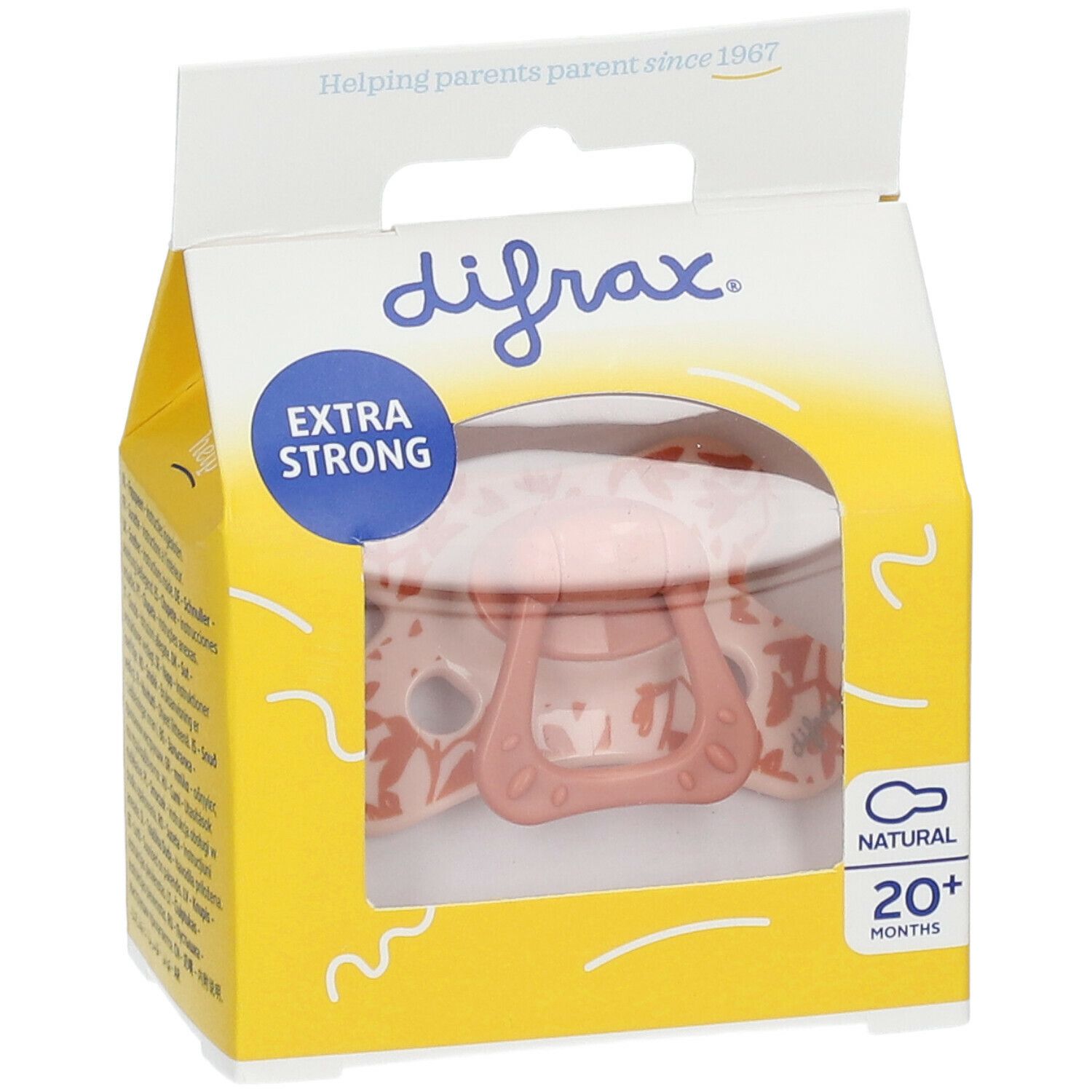 Emballage avec sucette rose. Inscriptions: "difrax", "EXTRA STRONG", "NATURAL 20+ MONTHS". Fenêtre transparente.